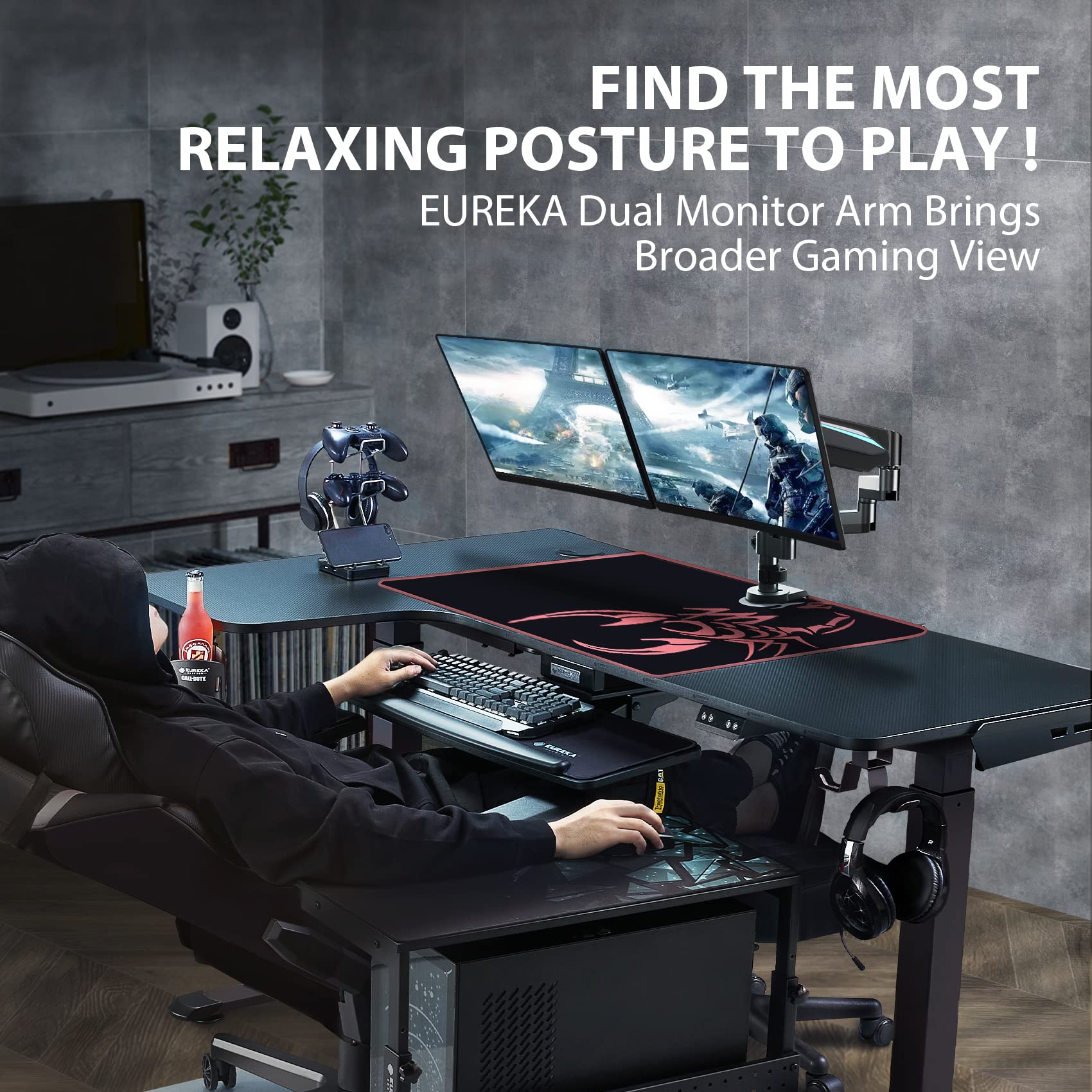 EUREKA ERGONOMIC Dual Monitor Stand - Adjustable Gas Spring Monitor Arm for 13-32 Inch Screens (Up to 17.6 lbs) with VESA 75x75/100x100mm - C Clamp & Grommet Base (Black) - Perfect for Home Office & Gaming Setup