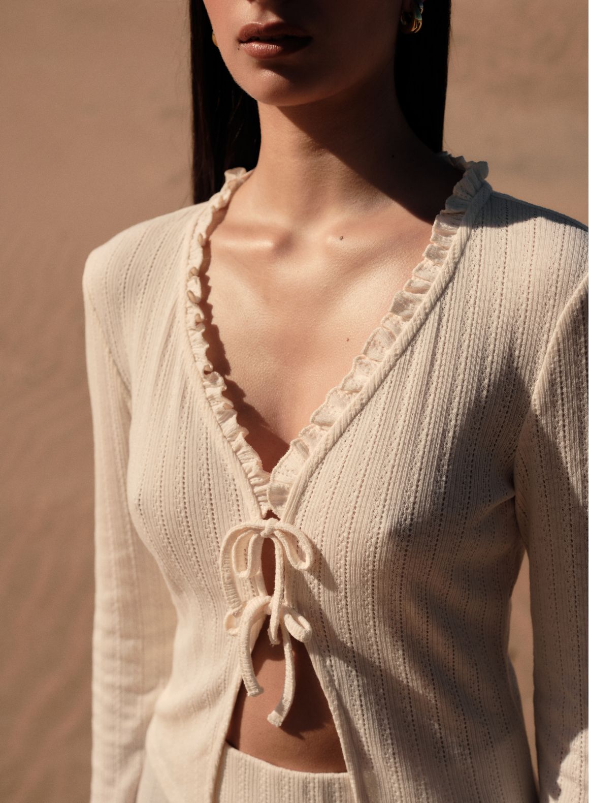 Almond White Pointelle Cardigan for Women - Soft Knit Open Front Sweater | Perfect for Layering, Office Wear & Casual Outfits