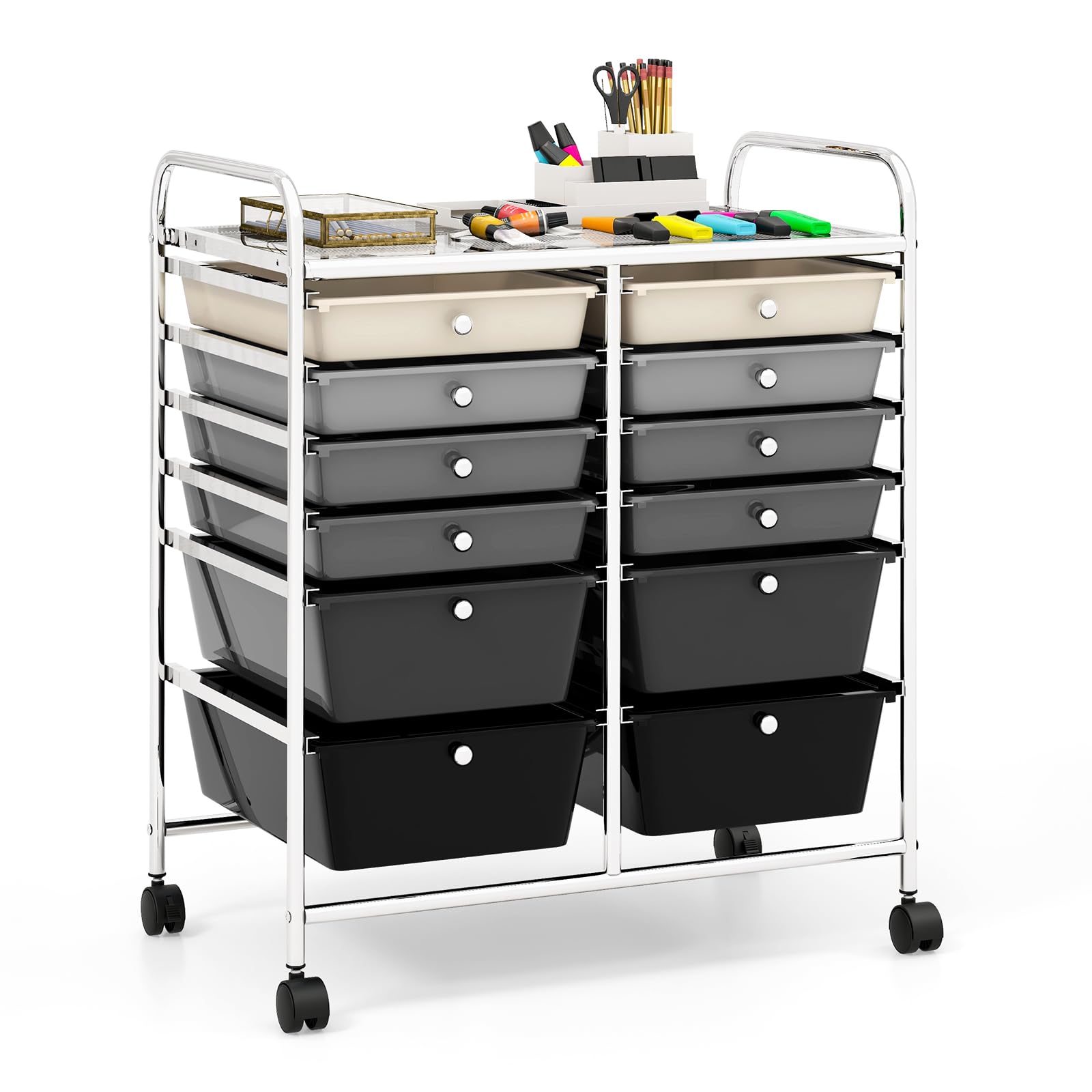 RELAX4LIFE 12-Drawer Rolling Craft Storage Cart with Wheels - Mobile Organizer for Art Supplies, Office, Beauty Salon & School Use - Space-Saving Gradient Black Utility Cart for Home, Studio & Classroom Organization