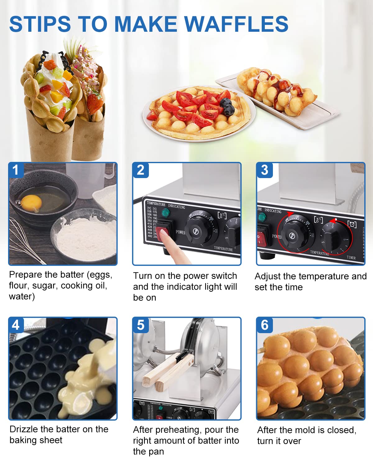 BAOSHISHAN 2800W Commercial Bubble Waffle Maker - Double Grid Electric Waffle Machine with 50-250°C Temperature Control, 180° Rotation & 0-5 Min Timer - Perfect for Cafes, Snack Shops & Home Breakfast (220V)