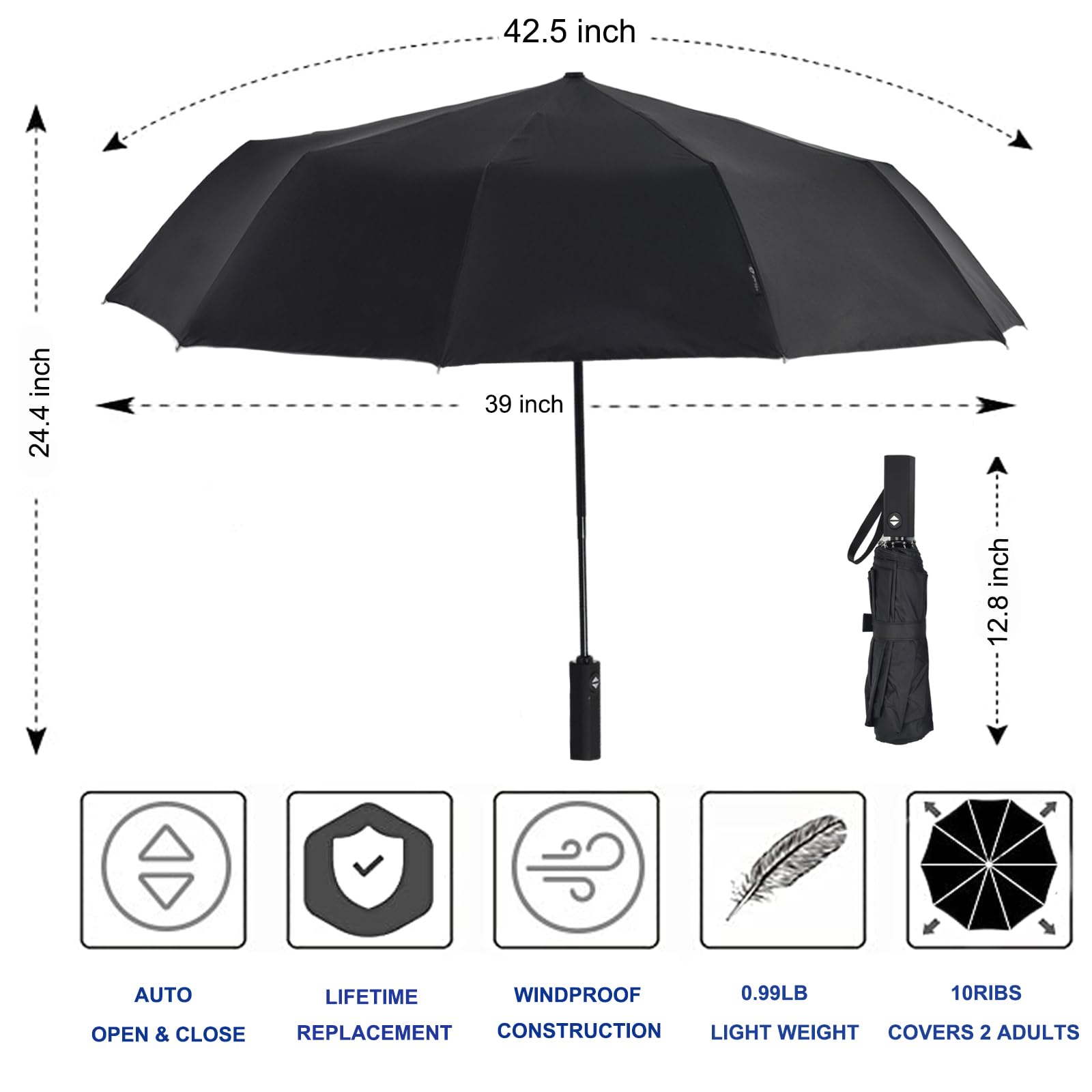 Windproof Travel Umbrella - Auto Open/Close Compact Folding Umbrella for Rain, Sun & UV Protection - Portable Umbrella for Car, Backpack, Men & Women - Perfect for Commuting, Hiking & Outdoor Activities - Black