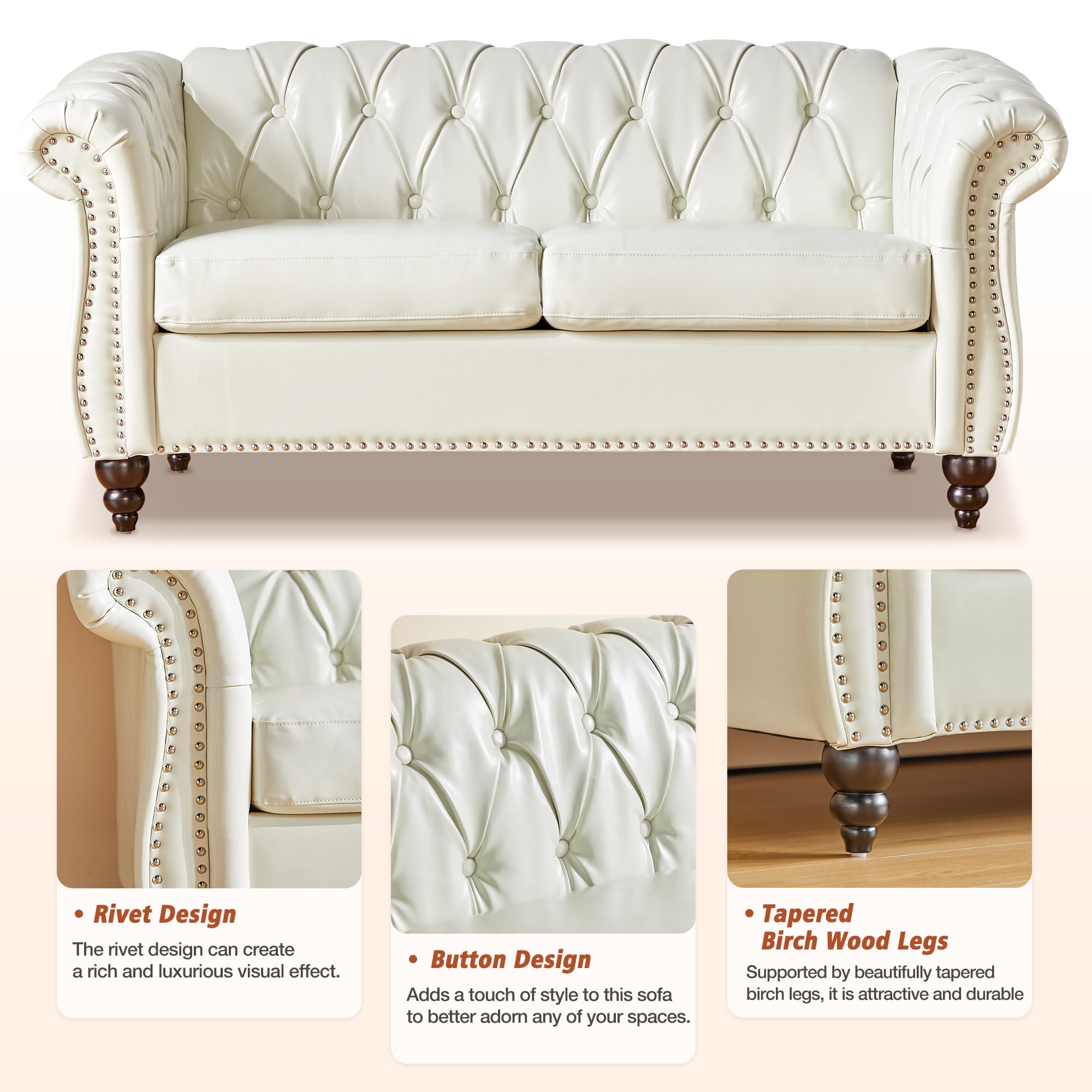 3-Piece Chesterfield Faux Leather Living Room Set - Sofa, Loveseat & Chair with Scroll Arms & Nailhead Trim - Elegant White Furniture for Home, Office & Lounge (Perfect for Small Spaces & Modern Decor)