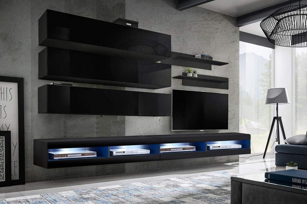 Modern Floating TV Stand with Storage & LED Lights - Wall-Mounted Entertainment Center for Bedroom & Living Room - 34 Inch TV Console with Shelves - Black - Perfect for Small Spaces & Home Theater Setup