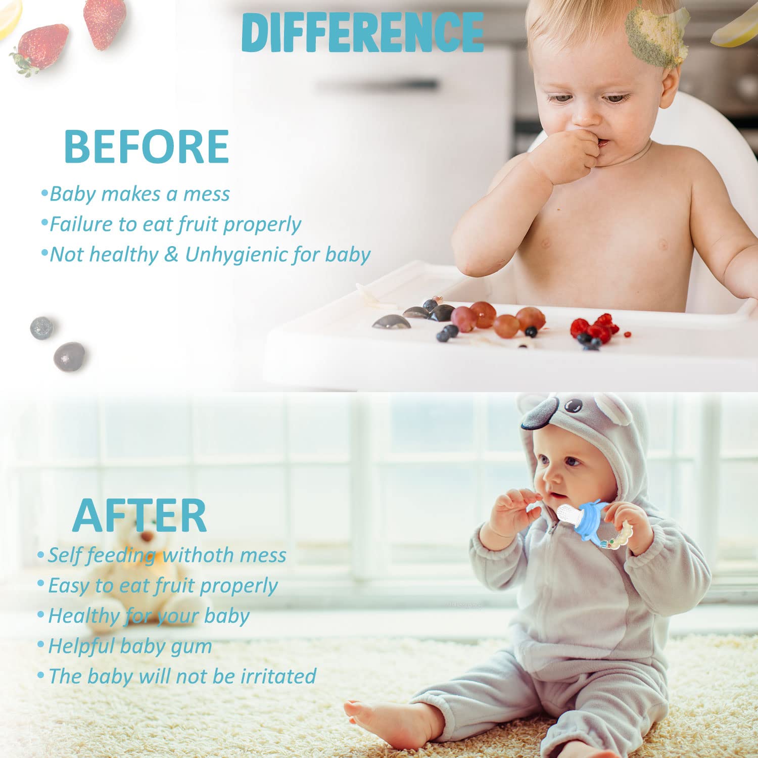 Bembika Baby Nibbler Ring - Blue Silicone Pacifier & Food Feeder for 6-9 Month Old Infants - Safe Teething Toy & Fruit Feeder for Easy Baby Feeding at Home or Travel