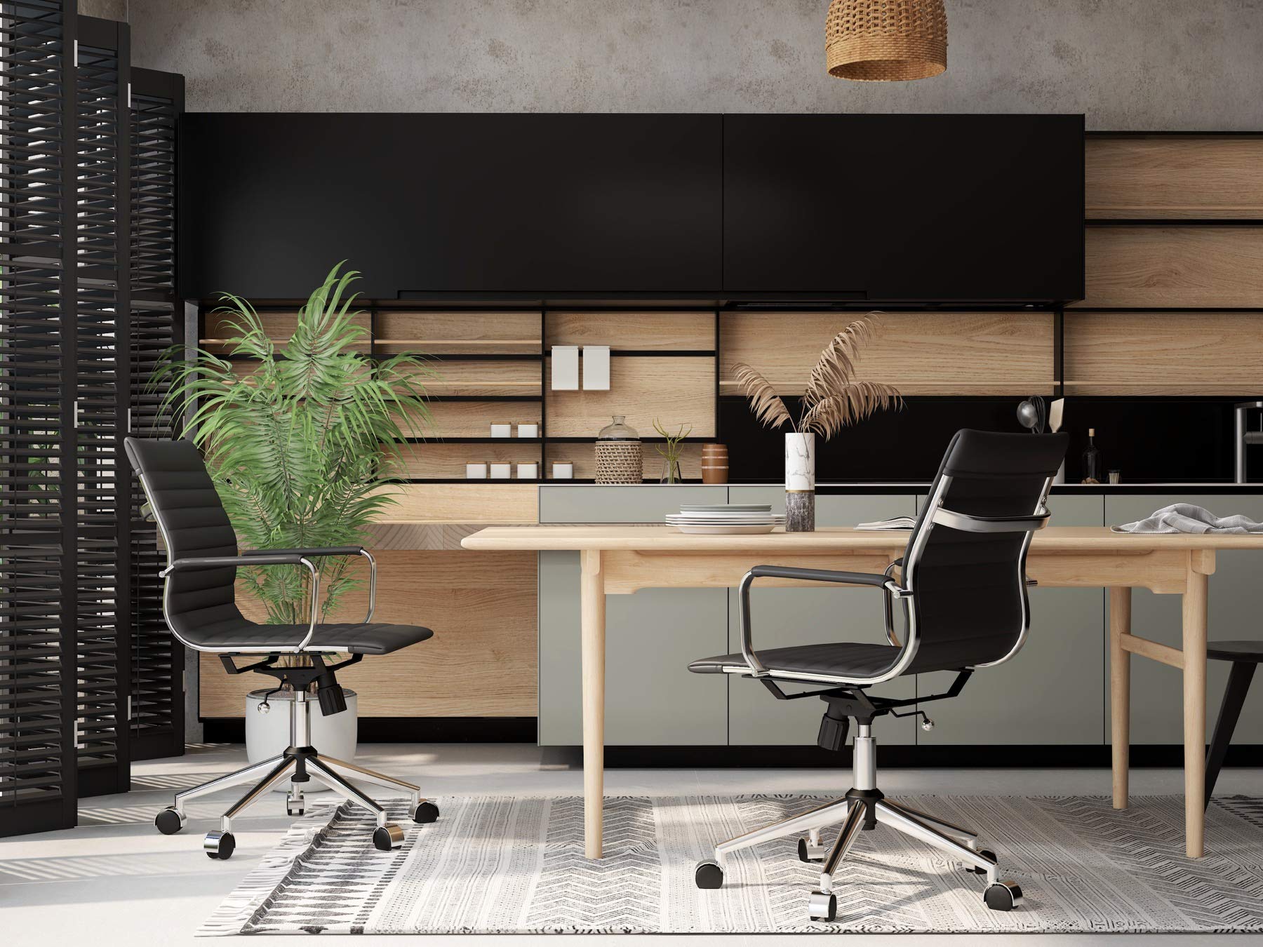 Ergonomic Adjustable Leather Office Chair - Black Executive Swivel Desk Chair with Ribbed Back for Home & Office Use - Perfect for Long Hours of Work, Gaming, or Studying