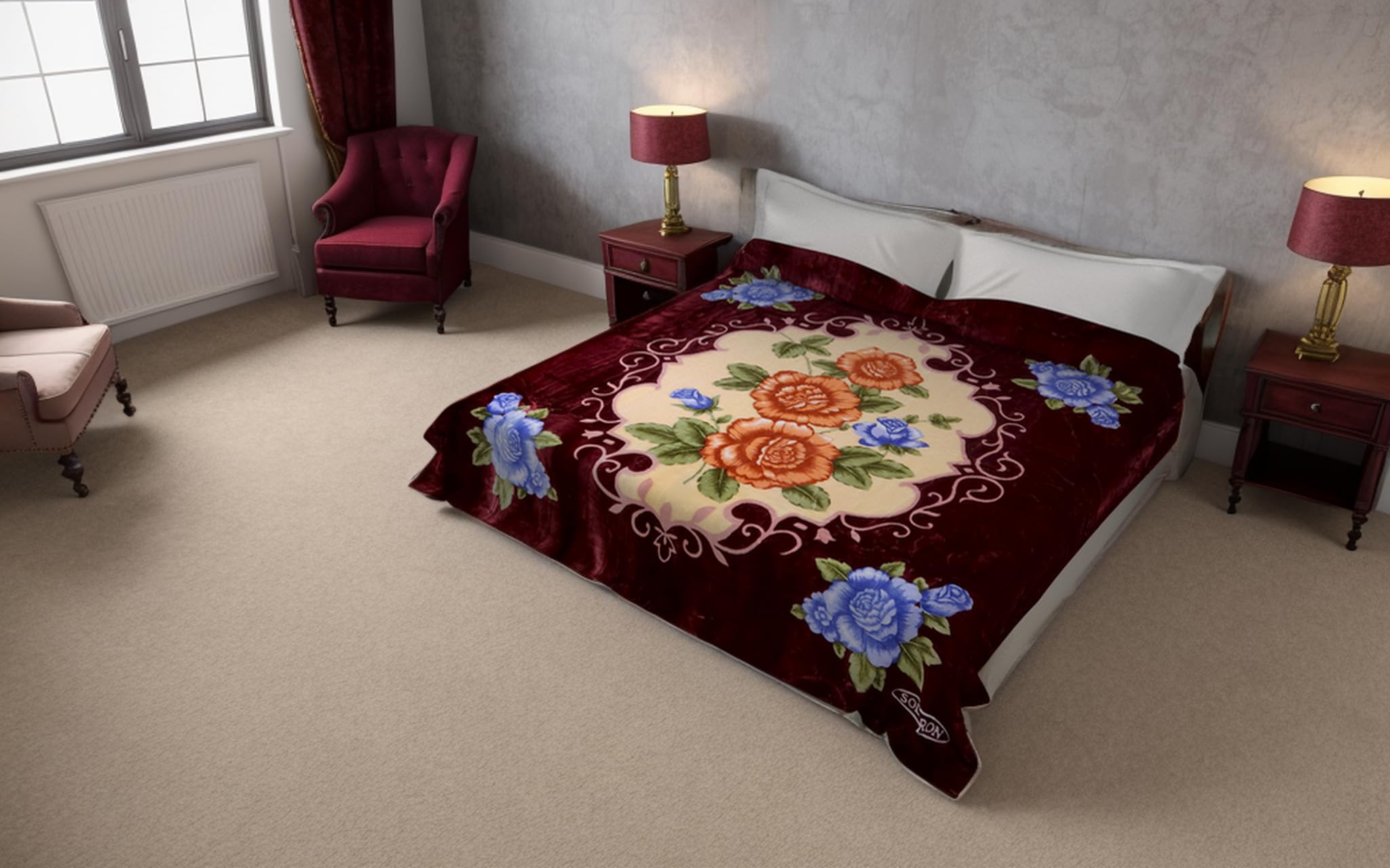 Solaron Flower Queen Size Bed Blanket - Burgundy Red Soft Warm Bedding for Winter - Perfect for Master Bedroom, Guest Room & Cozy Home Decor