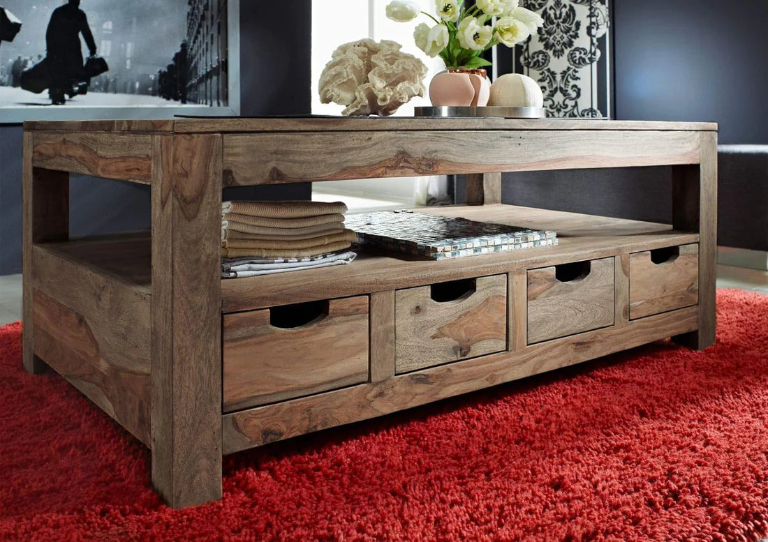 Solid Sheesham Wood Coffee Table with 4 Drawers - 46