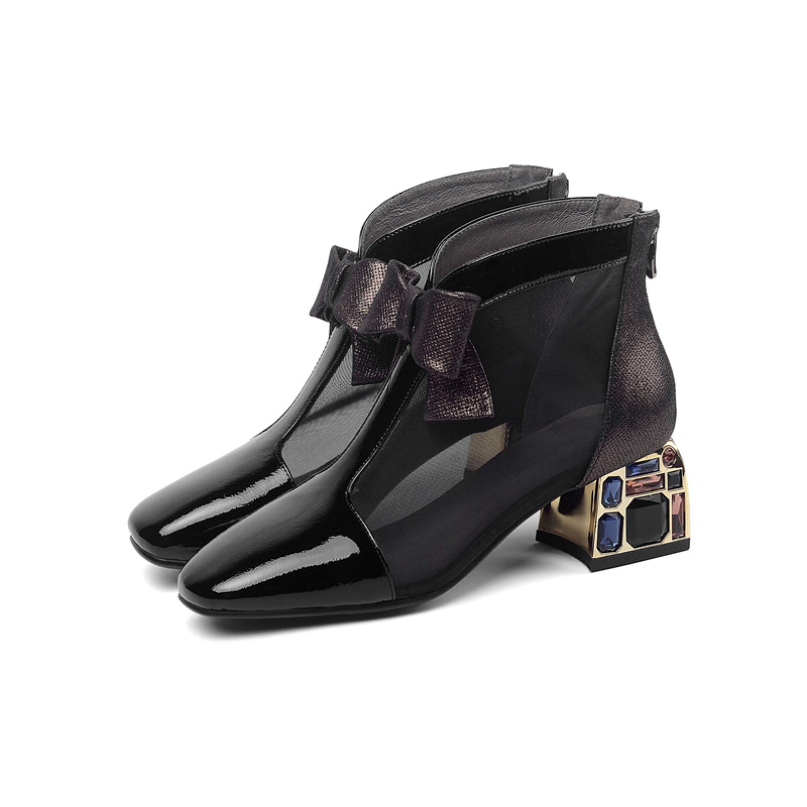 Women's Summer Fashion Patent Leather Ankle Boots with Bowknot, Mesh & Crystal Details - Chunky Heel, Back Zipper & Platform for Casual Outings, Parties & Date Nights