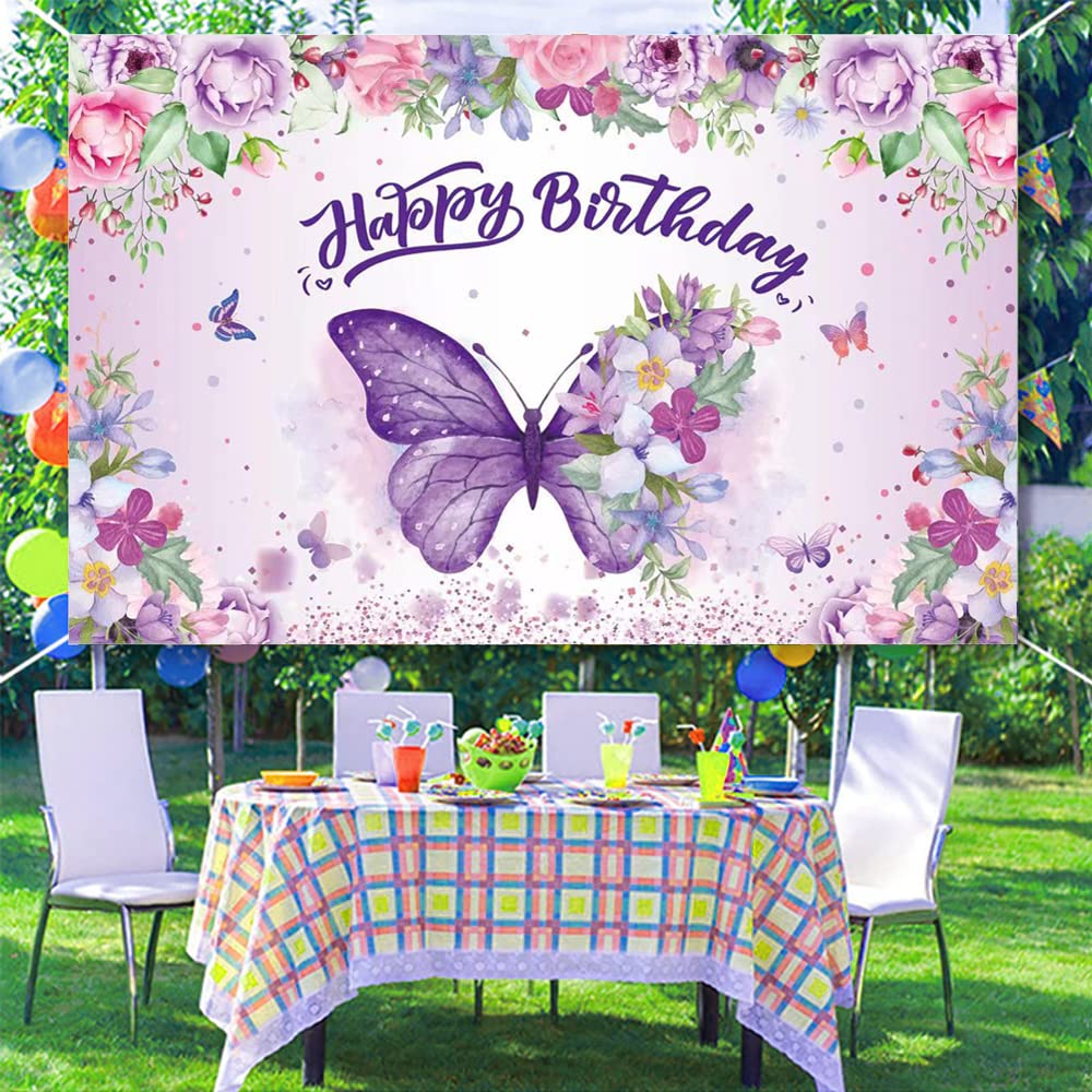 Purple Butterfly Happy Birthday Backdrop & Banner - Elegant Women's Birthday Decor, Baby Shower & Fairy Themed Party Supplies - Perfect for Spring Celebrations, Indoor/Outdoor Decorations