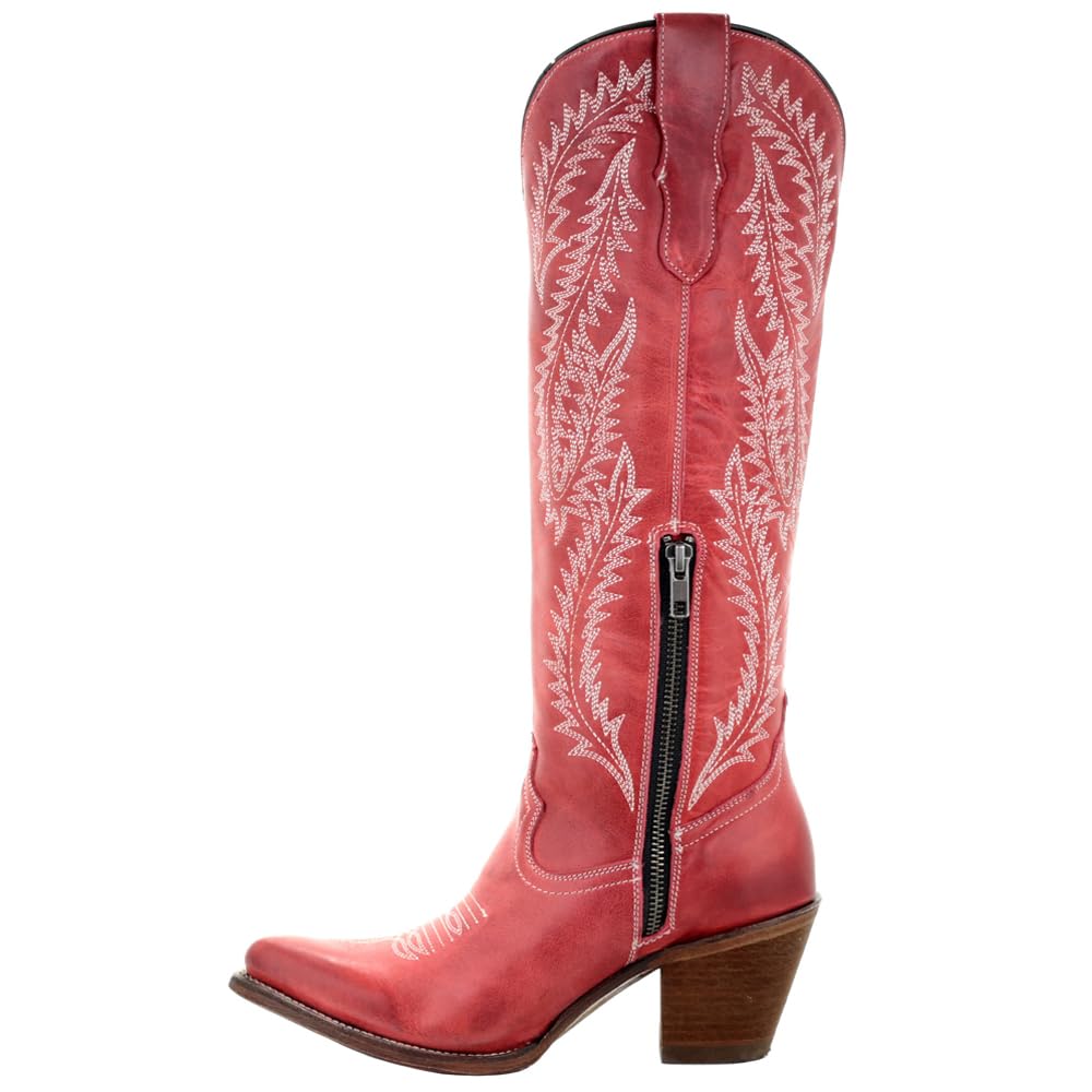 Women's Rioja Red Corral Boots - Embroidered Snip Toe Knee High Casual Boots with 2-3