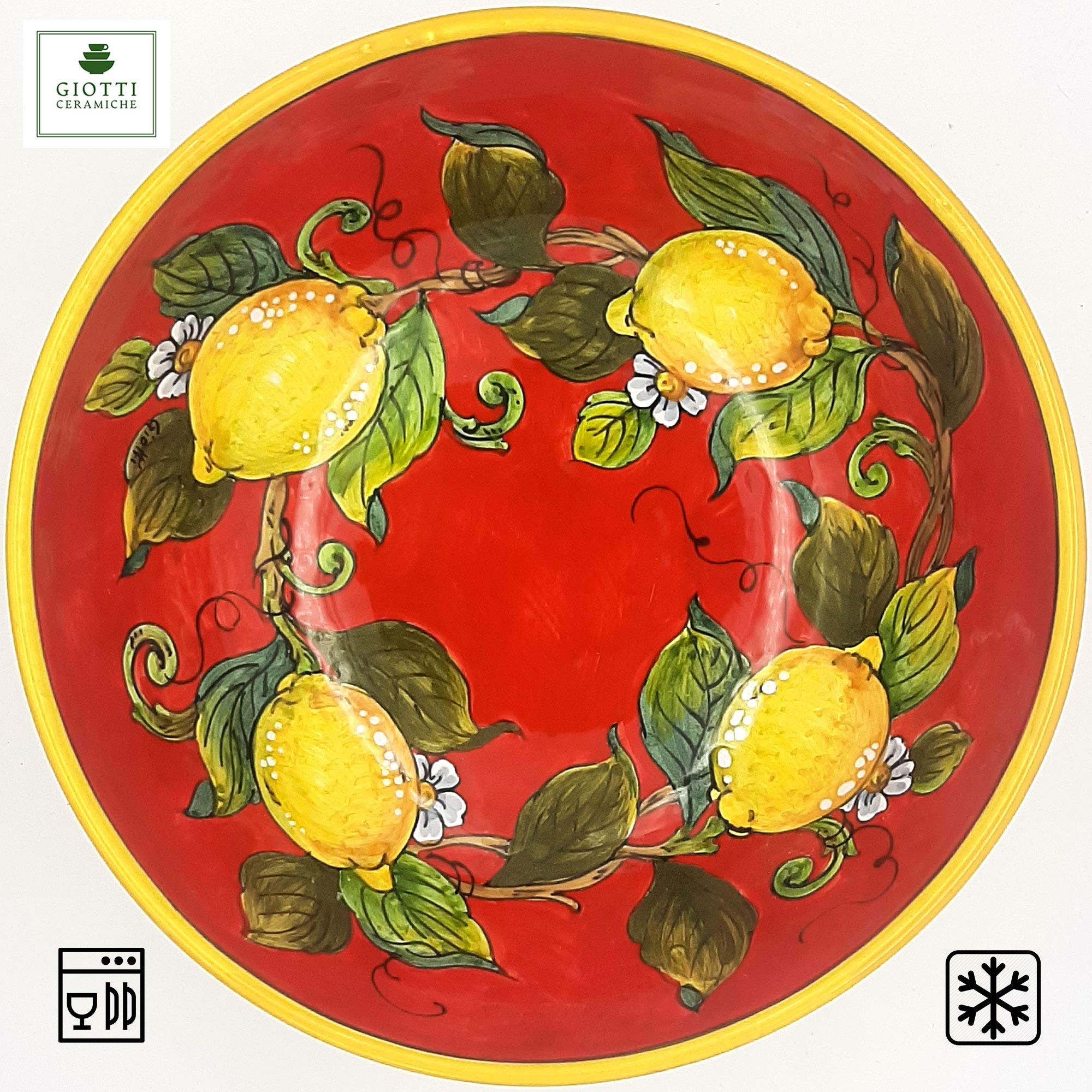 Italian Hand-Painted Ceramic Pasta Bowl - Large Tuscan Kitchenware for Salad, Soup & Serving - Yellow White Red Lemon Design - Authentic Made in Italy Dinner Plates - Perfect for Italian Restaurants, Home Dining & Gift Giving