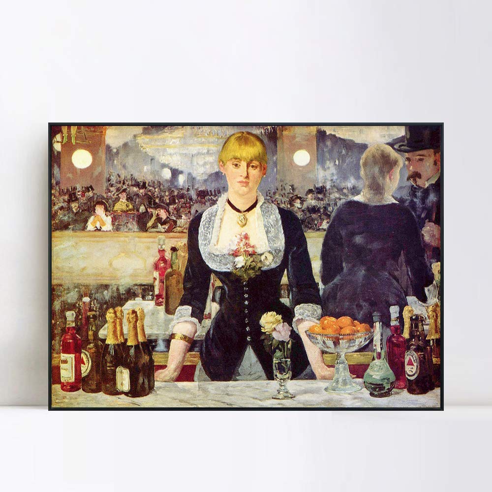 INVIN ART Framed Canvas Print - A Bar at The Folies Bergere by Edouard Manet - Premium Wall Art for Living Room & Home Office Decor (24x32 Inches, Black Slim Frame) - Perfect for Art Lovers & Interior Design