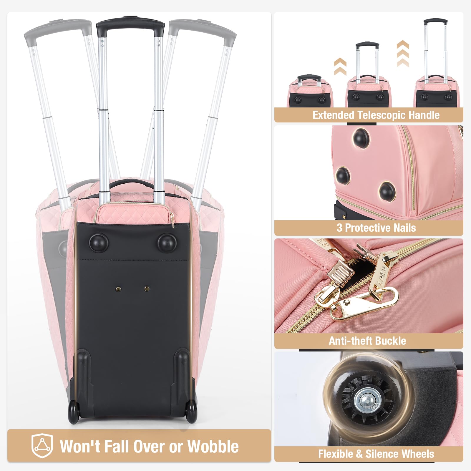 Convertible Rolling Garment Bag with Wheels & Shoe Compartment - Carry On Suitcase Trolley for Business Travel, Wedding & Weekend Trips | Durable Pink Travel Luggage for Airplanes, Hotels & Commuting