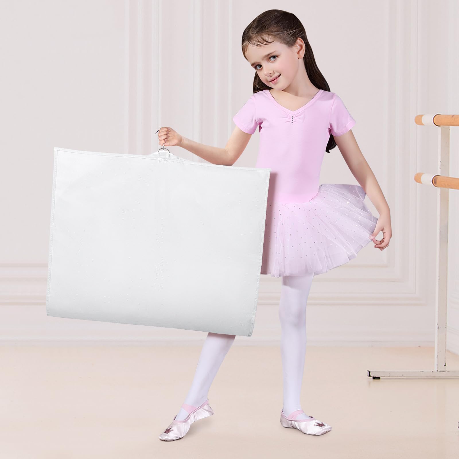 Univivi 40 Inch White Dance Costume Garment Bag with 3 Clear Zipper Pockets - 4 Pack for Kids Dance Costumes, Hanging Clothes Storage, Perfect for Dance Recitals, Competitions, and Performances