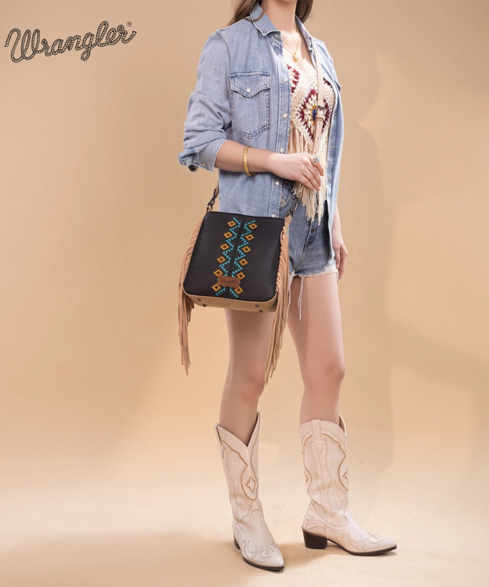 Wrangler Aztec Embroidered Fringe Crossbody Bag for Women - Boho Chic Handbag Perfect for Music Festivals & Everyday Use