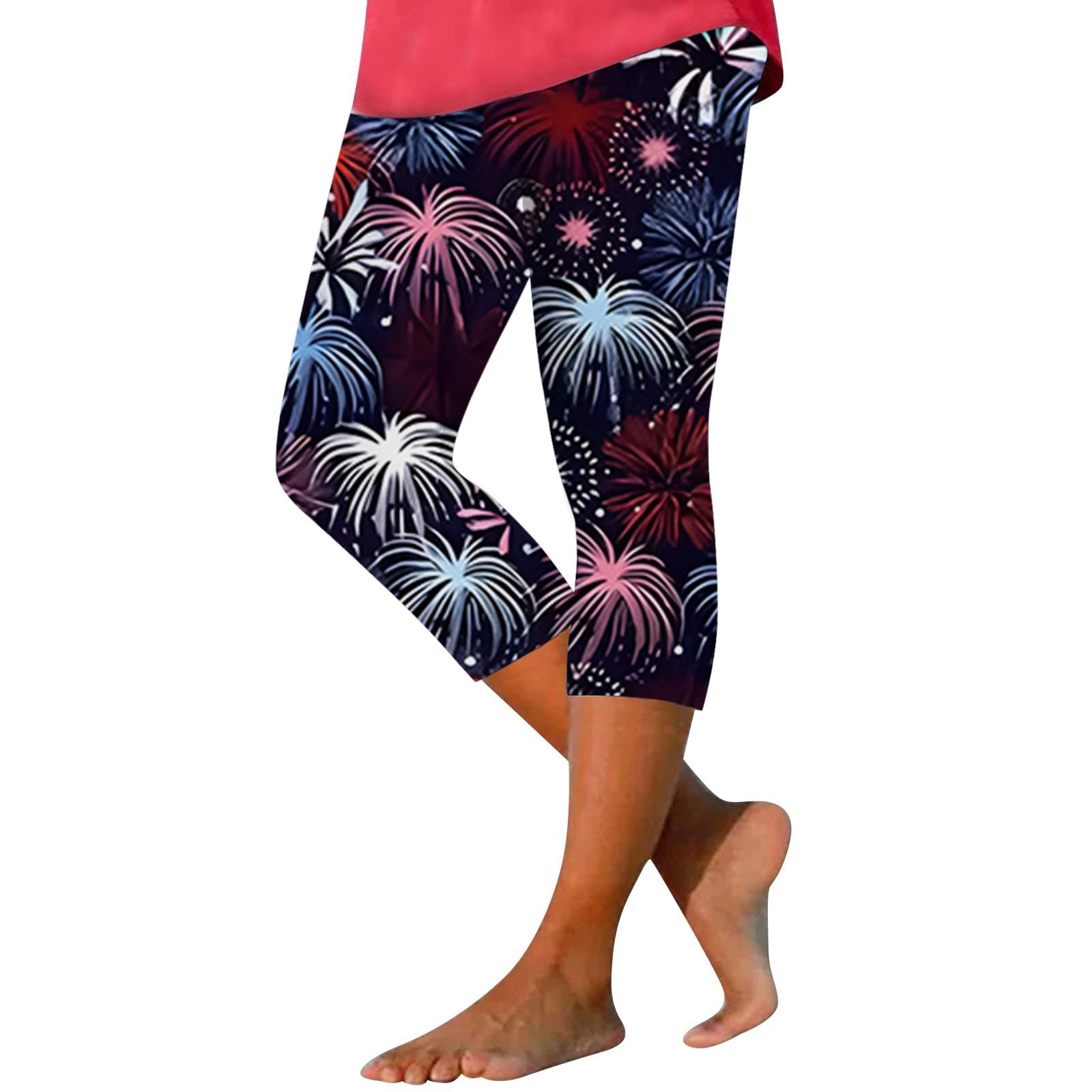 USA Flag Printed Flare Leggings for Women - Patriotic 4th of July Capri Leggings with Pockets | Perfect for Independence Day Celebrations, Workouts & Casual Wear