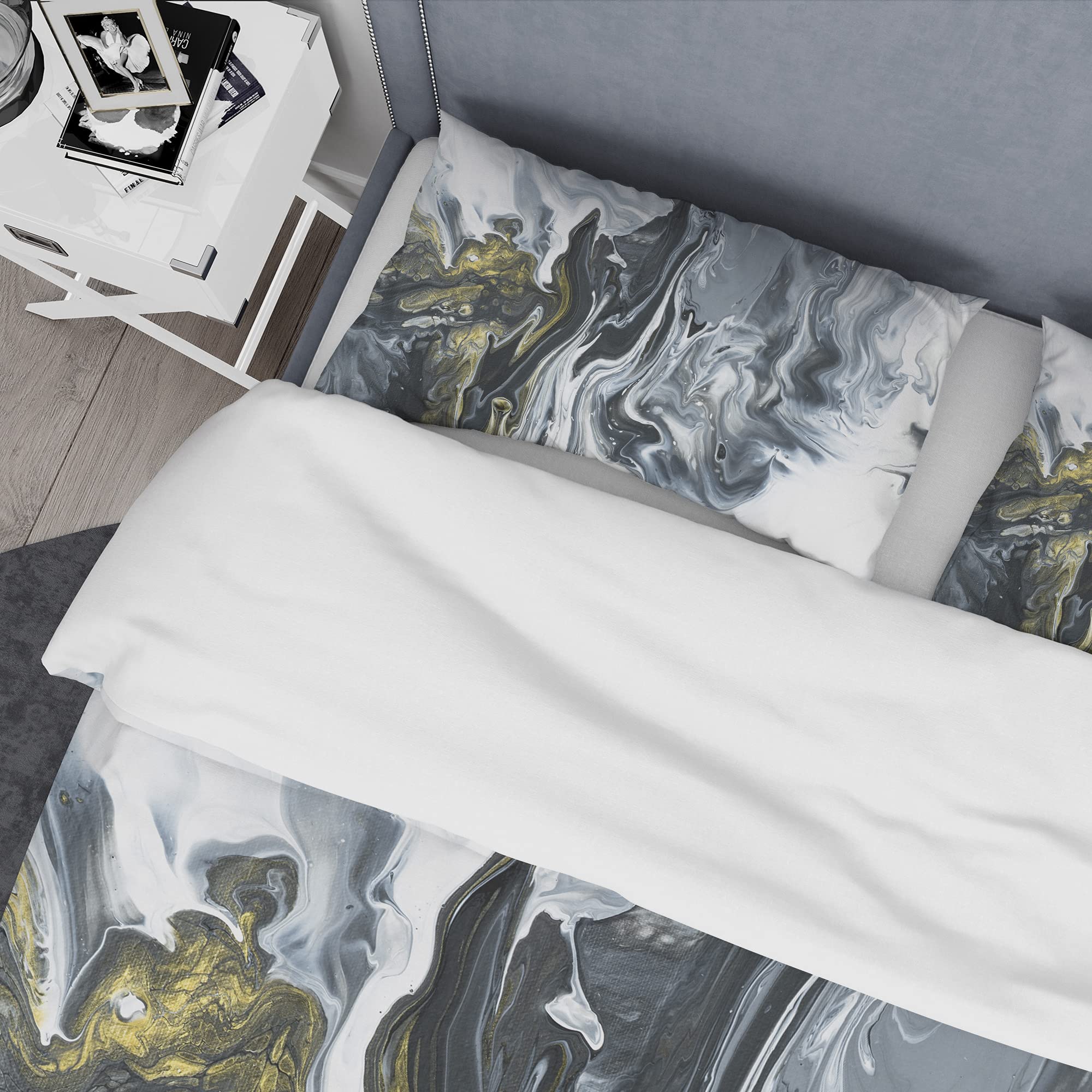 DesignQ Hand-Painted Marble Acrylic Duvet Cover Set - Mid-Century Modern Style in White & Grey | Perfect for Bedroom Decor, Guest Room & Luxury Hotel Styling