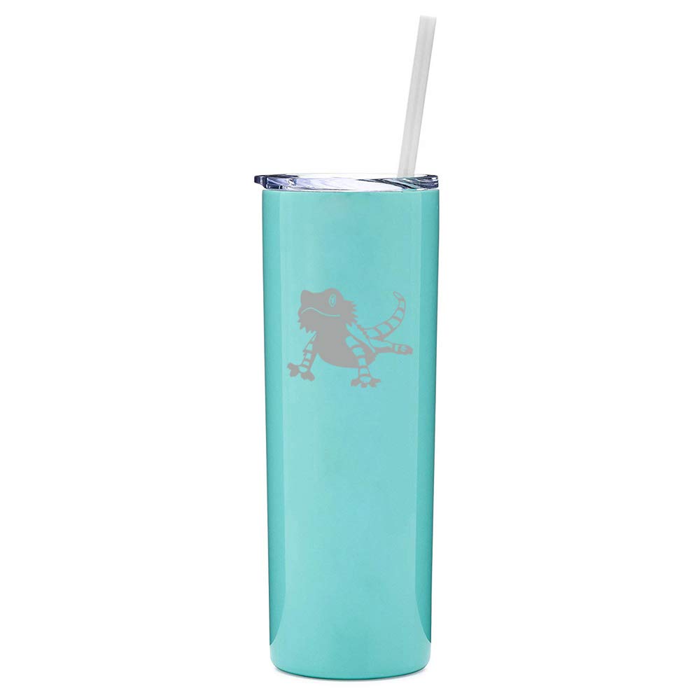 20 oz Skinny Tall Stainless Steel Vacuum Insulated Tumbler with Straw - Double Wall Insulated Travel Mug for Hot & Cold Drinks - Bearded Dragon Lizard Design (Light Blue) - Perfect for Coffee, Tea, Hiking, Office & Outdoor Activities