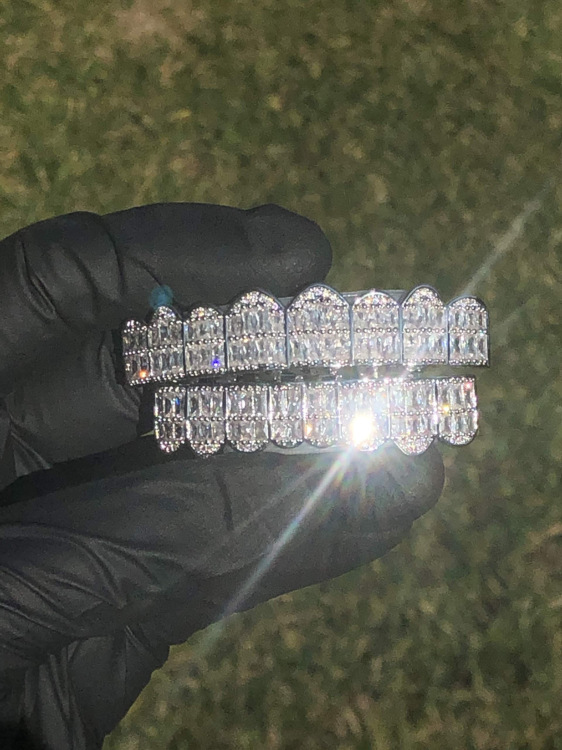 14K White & Gold Iced Out Grillz Set - Top & Bottom Hip Hop Teeth Jewelry for Men & Women | Perfect for Rappers, Performances & Streetwear Fashion