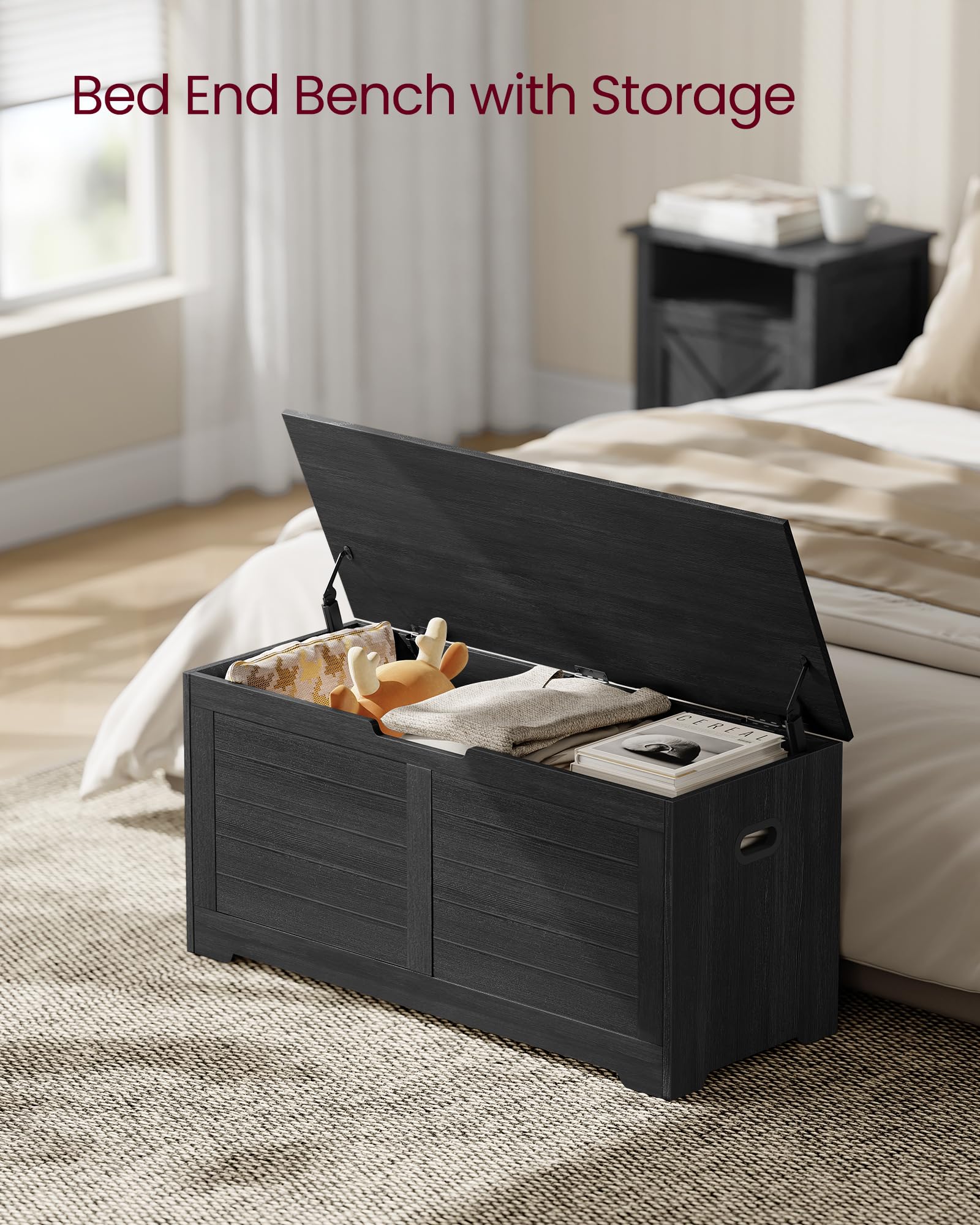 VASAGLE Farmhouse Style Storage Chest Bench - 15.7 x 39.4 x 18.1 Inch Multifunctional Trunk with 2 Safety Hinges, Entryway Shoe Storage Organizer for Bedroom, Living Room & Hallway - Charcoal Gray ULSB061B01 | Perfect for Small Space Organization & Farmhouse Decor