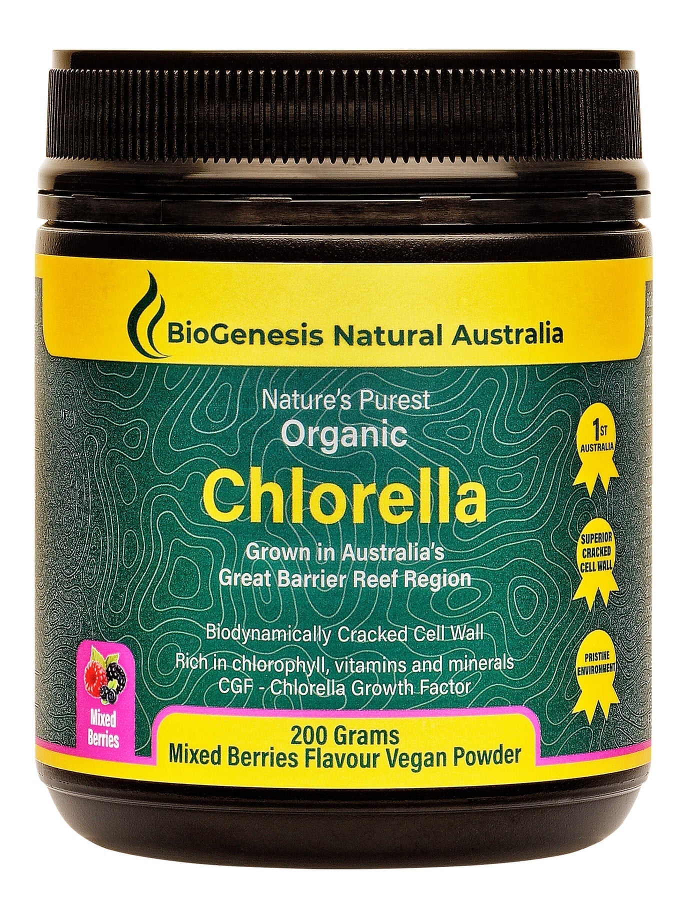 Biogenesis Australian Organic Chlorella Powder 200g - Mixed Berries Flavor | Superfood Supplement for Smoothies, Detox & Immune Support