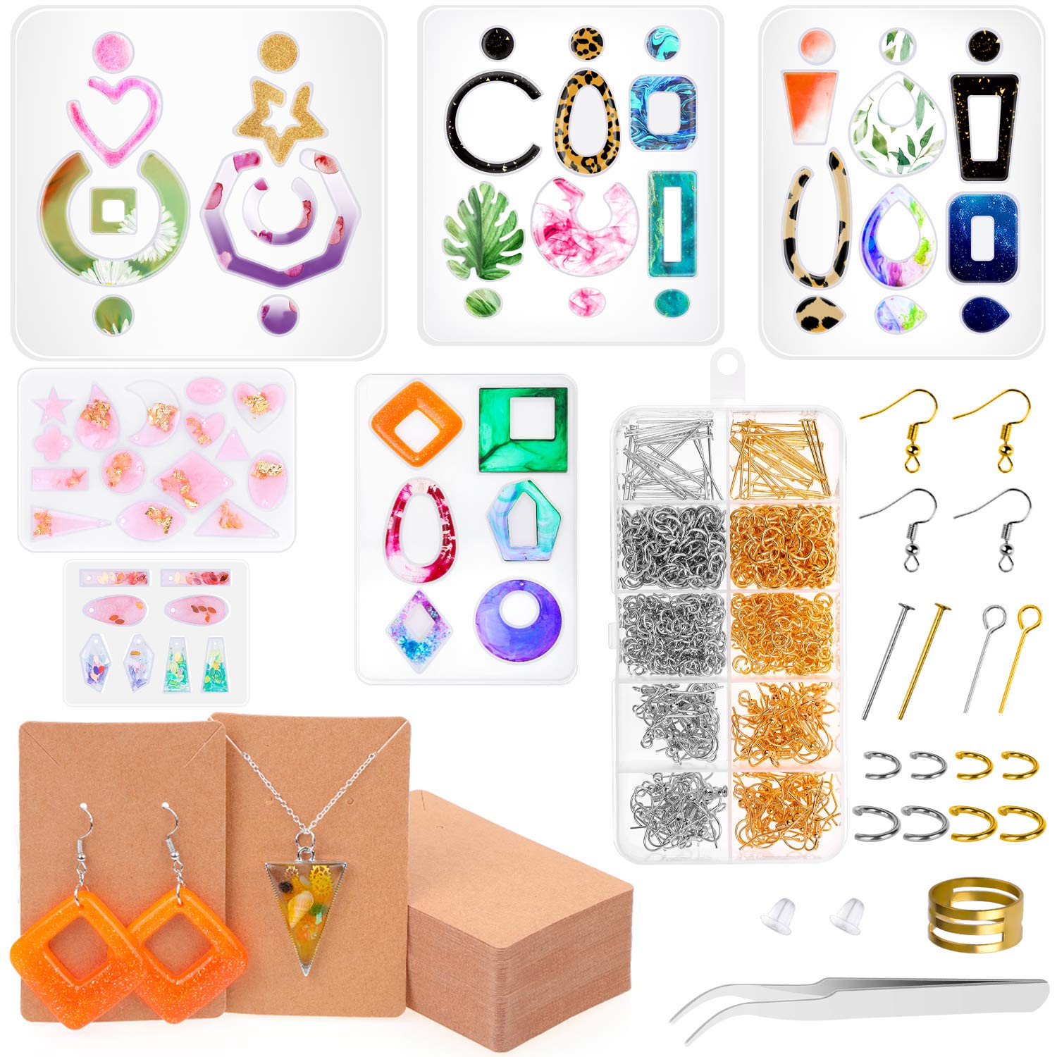 Shynek Resin Jewelry Molds Kit - 50PCS Silicone Earring Molds with Earring Cards, Hooks & Jump Rings for DIY Jewelry Making - Perfect for Handmade Earrings, Gifts, and Craft Projects (Home, Party, Etsy Business)