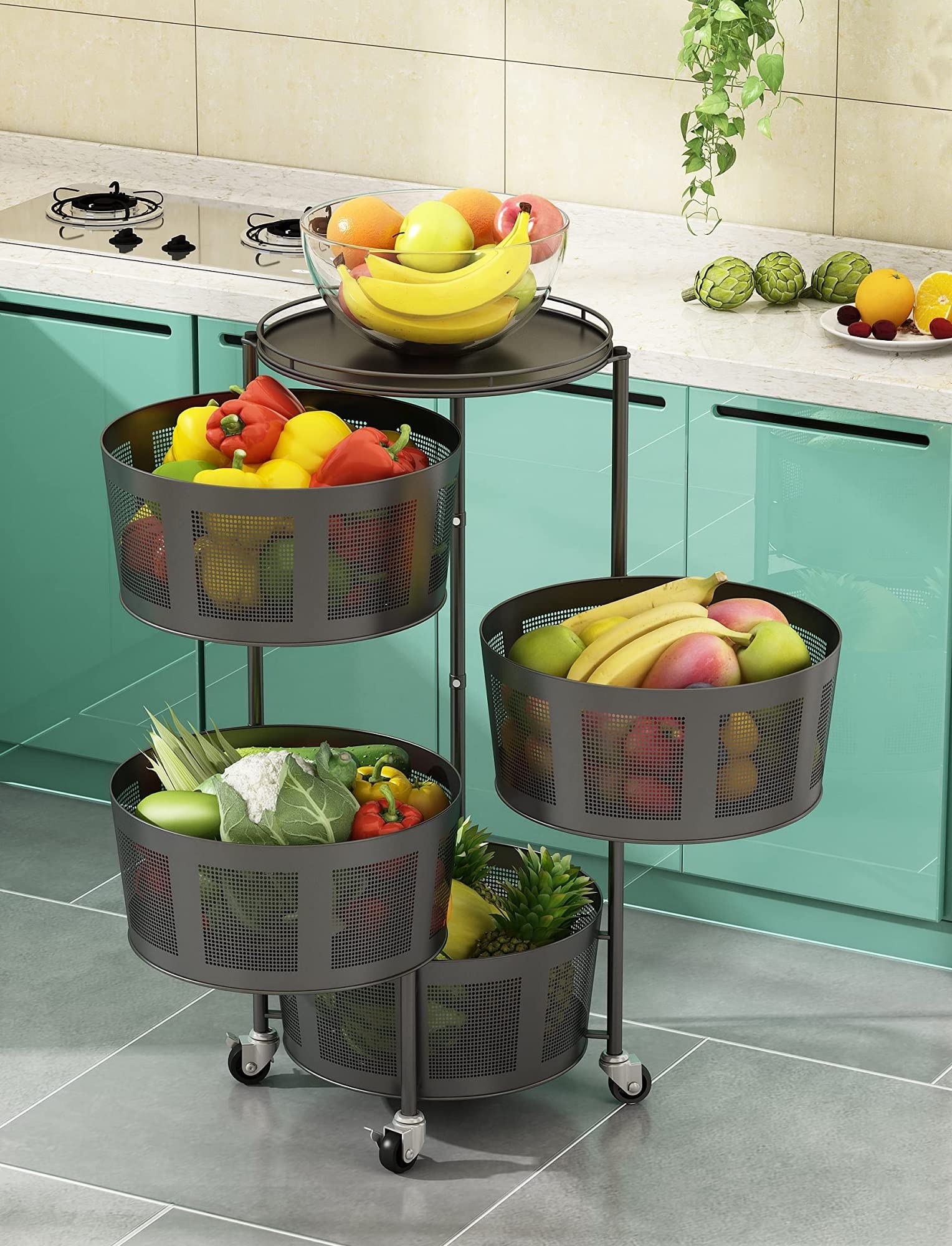 Rotating Multi-Layer Kitchen Storage Shelf - Round Removable Metal Basket for Fruits, Vegetables & Pantry Organization | Space-Saving Spinning Rack for Small Kitchens & Closet Storage