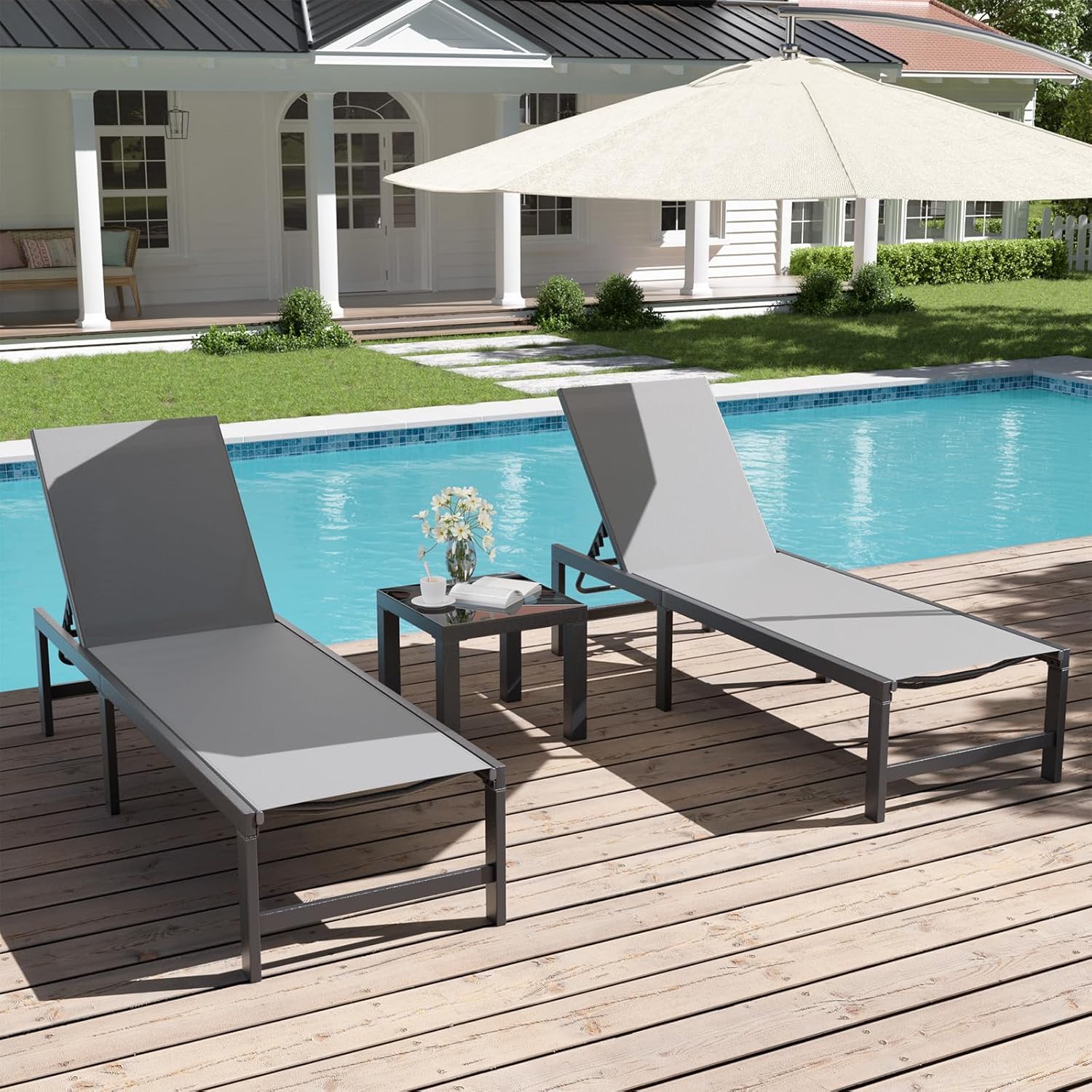 UDPATIO 3-Piece Outdoor Chaise Lounge Set with Adjustable Backrest and Side Table - Perfect for Poolside, Beach, Patio, and Backyard Sunbathing (Grey) | Durable Weather-Resistant Pool Lounge Chairs for Relaxing in Summer