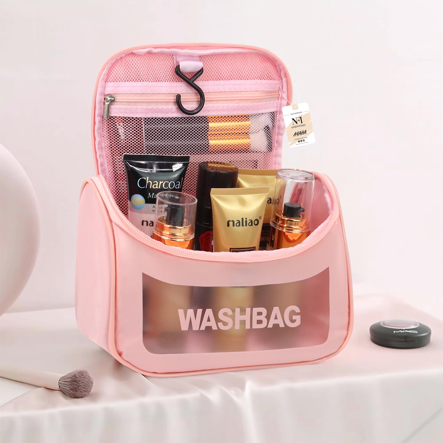 NFI Essentials Clear Travel Makeup Bag with Hook - Waterproof Cosmetic Organizer Pouch for Women & Girls | Perfect for Toiletries Storage, Gym Essentials & Weekend Getaways