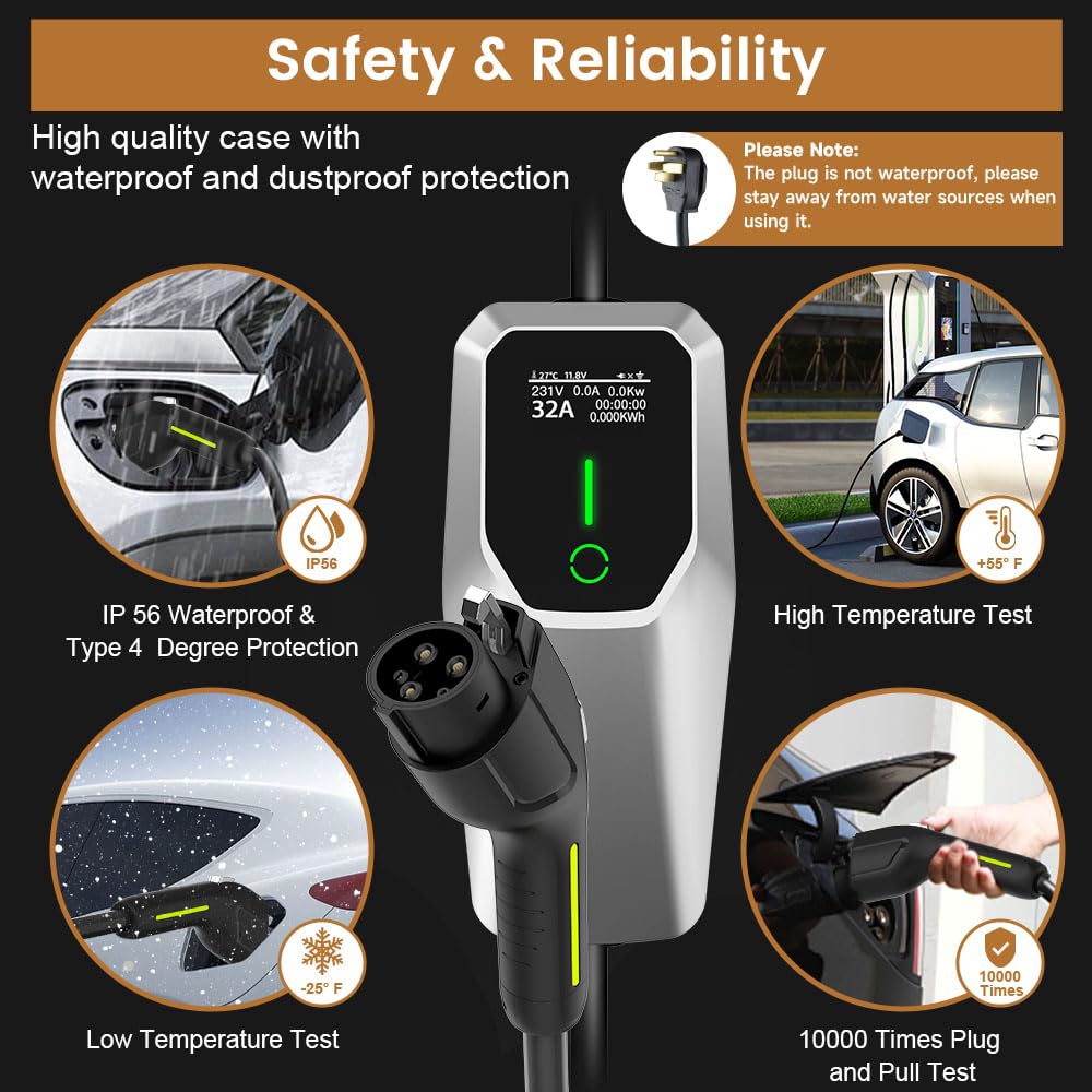 AWESAFE Level 2 EV Charger 7.6KW, 32Amp NEMA 14-50 Plug, J1772 Connector - Portable Fast Charging Station with Scheduled Charging for Home & Outdoor Electric Vehicle Charging