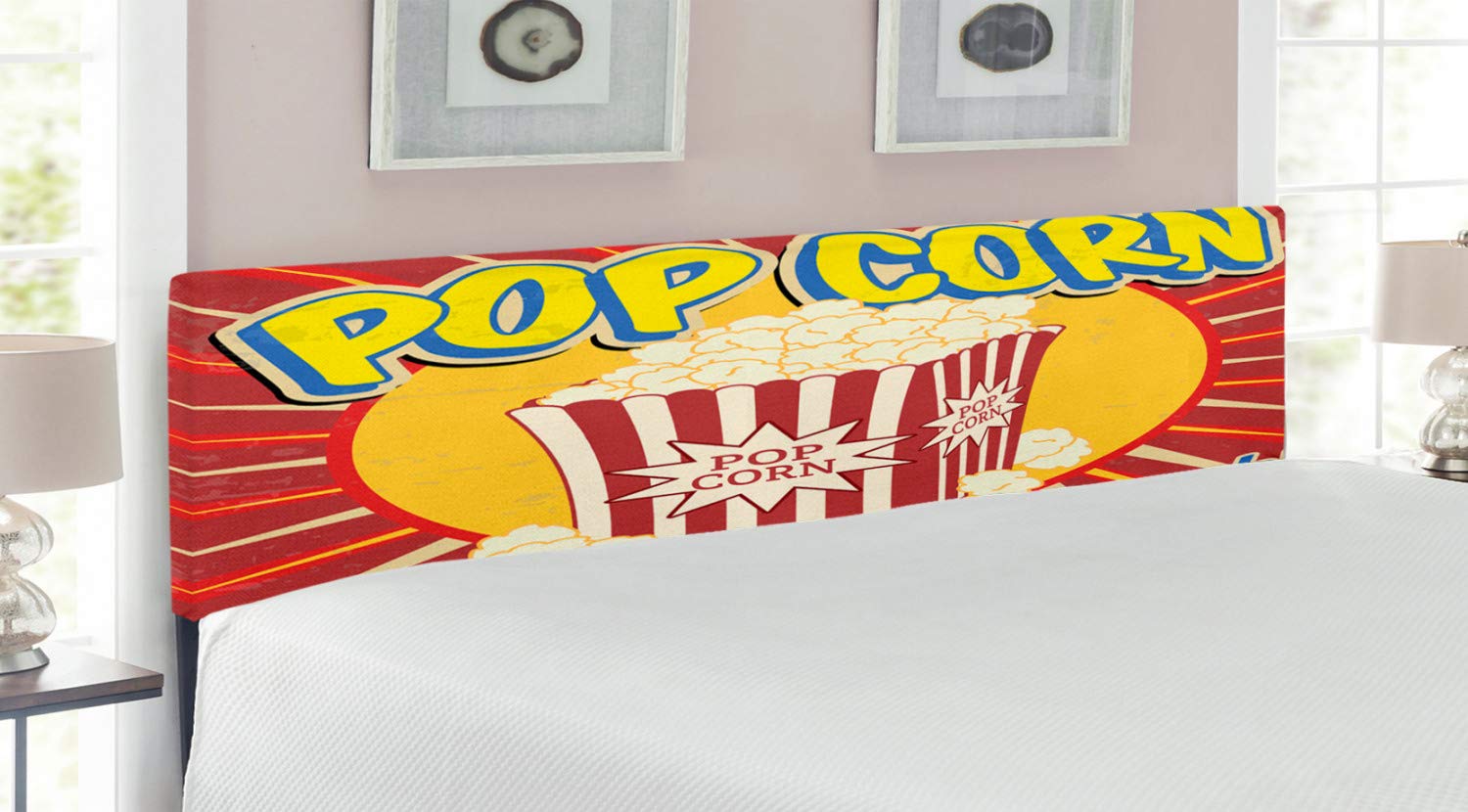 Ambesonne Vintage Retro Headboard - King Size Upholstered Metal Bed Frame with Memory Foam | Grunge Popcorn Cinema Movie Theme Decorative Headboard | Perfect for Bedroom Decor, Home Theater Rooms & Movie Lover's Space