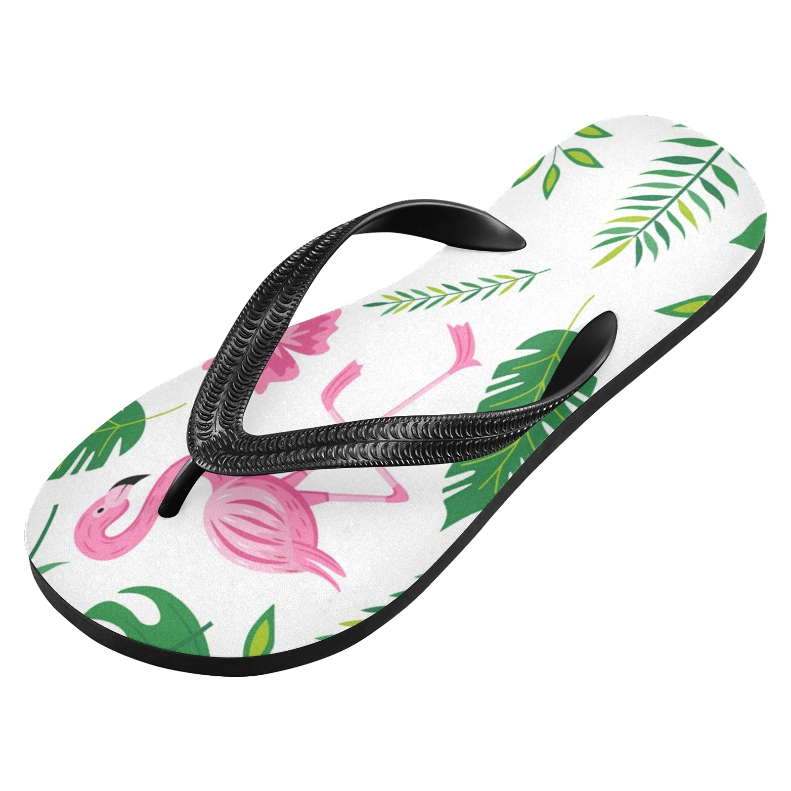 Qilmy Tropical Flamingo Print Palm Leaf Flip Flops - Lightweight Non-Slip Summer Sandals for Women & Men - Beach Pool Party Vacation Slippers