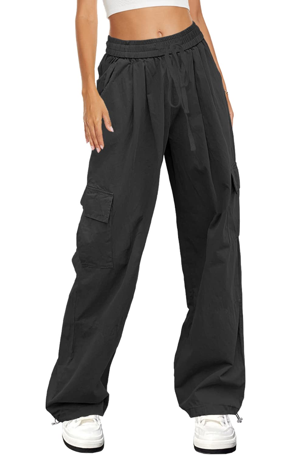 HVEPUO Women's High Waist Cargo Pants - Y2K Wide Leg Cotton Baggy Hiking Pants with Elastic Waist & Pockets | Lightweight Comfort for Outdoor Adventures, Streetwear Fashion & Casual Wear