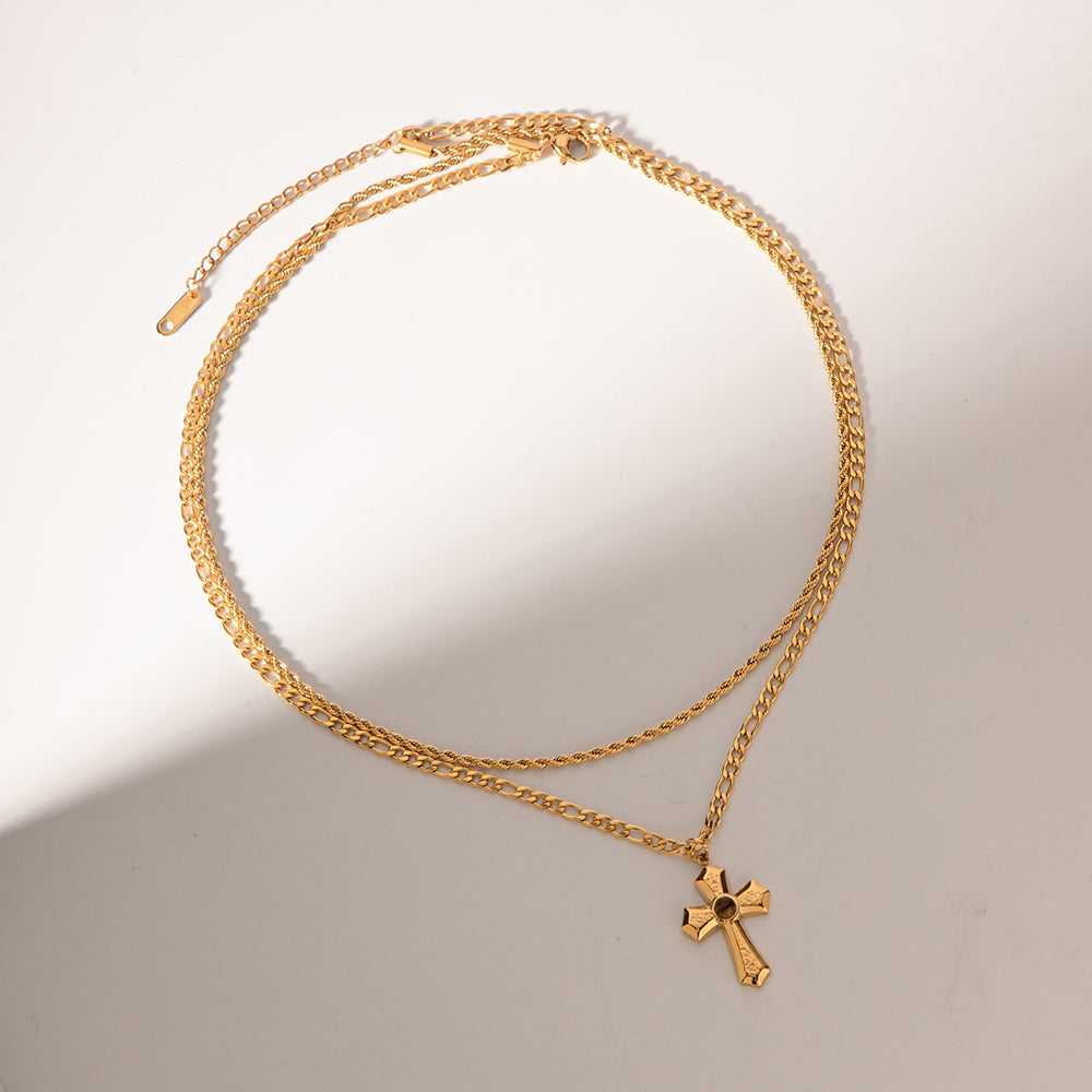 18K Gold Plated Double Layered Cross Necklace for Women - Elegant Religious Jewelry Gift for Christmas, Baptism & Everyday Wear