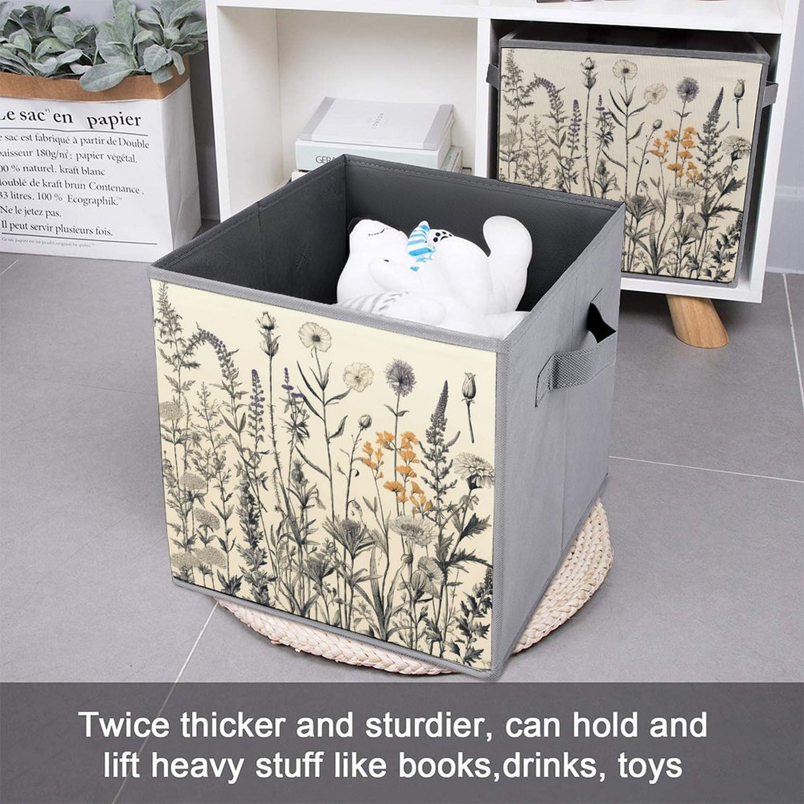 2PCS Foldable Storage Bins with Floral Herbs Botanical Print - Large Capacity Storage Boxes with Handles for Home, Office & Playroom Organization | Perfect for Toys, Books & Clutter Control