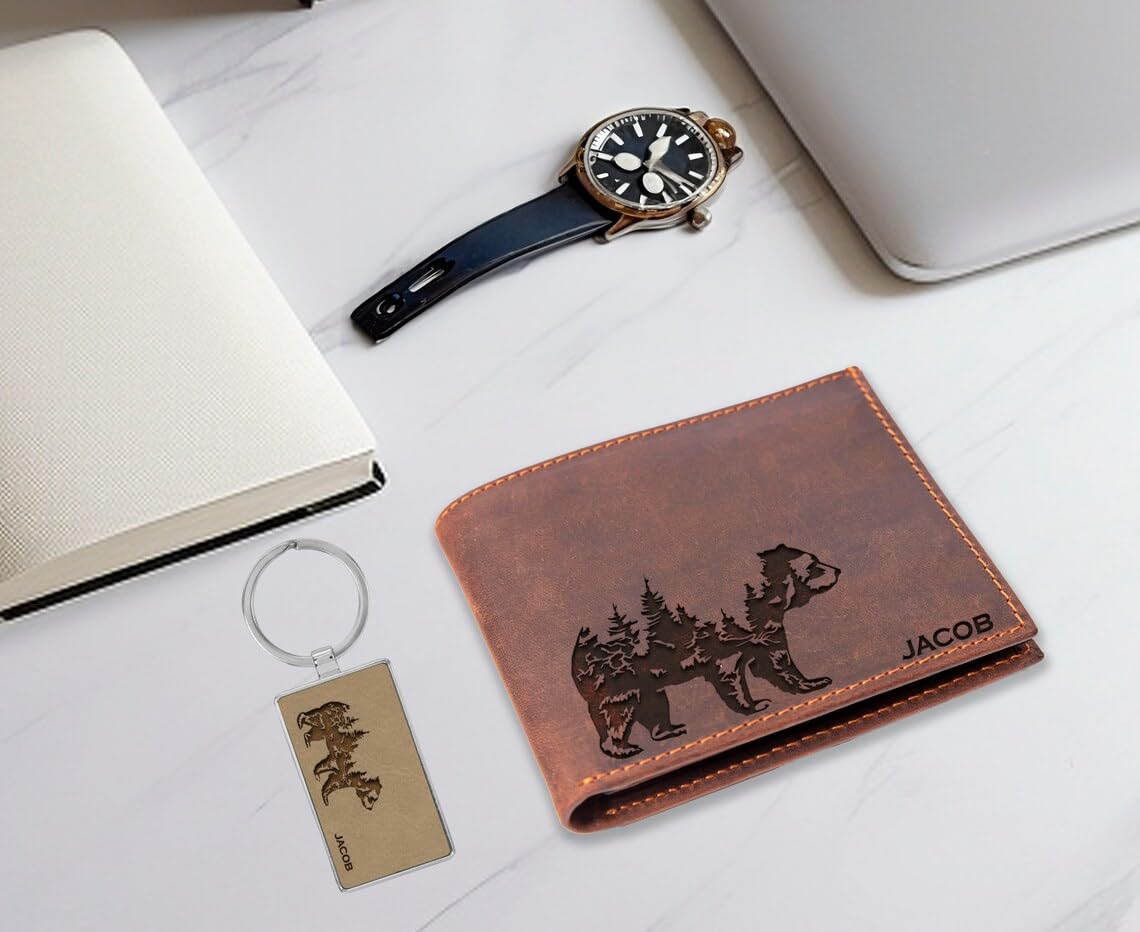Custom Engraved Grizzly Bear Leather Wallet for Men - Personalized Name Wallet, Valentine's Day Gift for Husband, Birthday Present from Mom to Son - Perfect for Everyday Use & Special Occasions