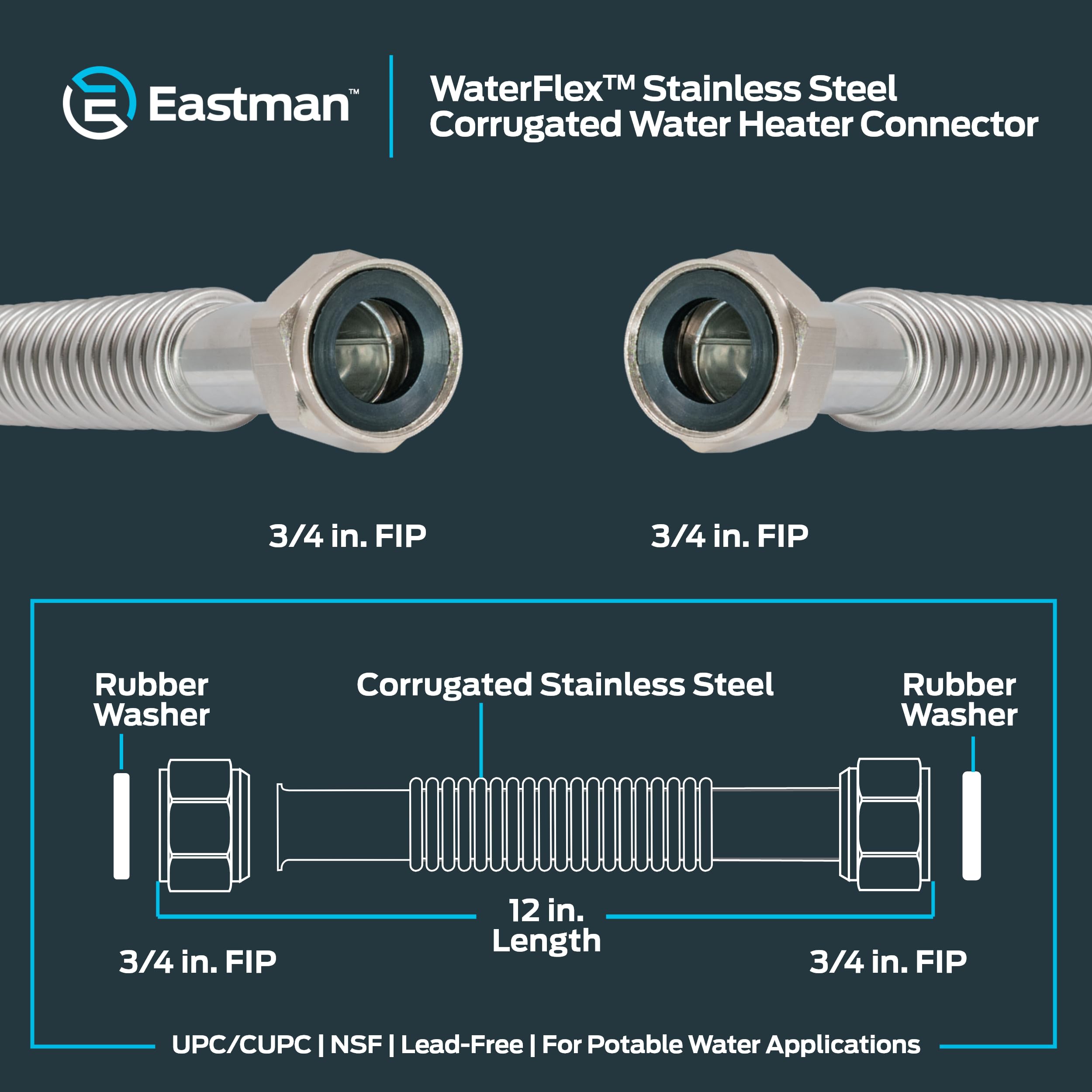 12 Inch Stainless Steel Corrugated Water Heater Connector - 3/4 Inch FIP x 3/4 Inch FIP Flexible Supply Line (Model 437012) - Perfect for Residential & Commercial Water Heater Installations