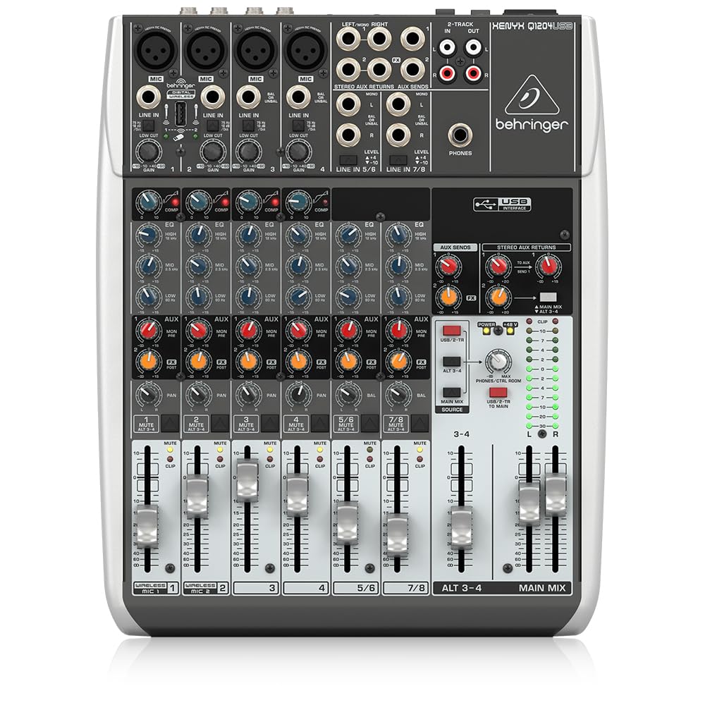 Behringer Xenyx Q1204USB Professional 12-Channel Audio Mixer with USB Interface for Live Sound, Podcasting & Studio Recording