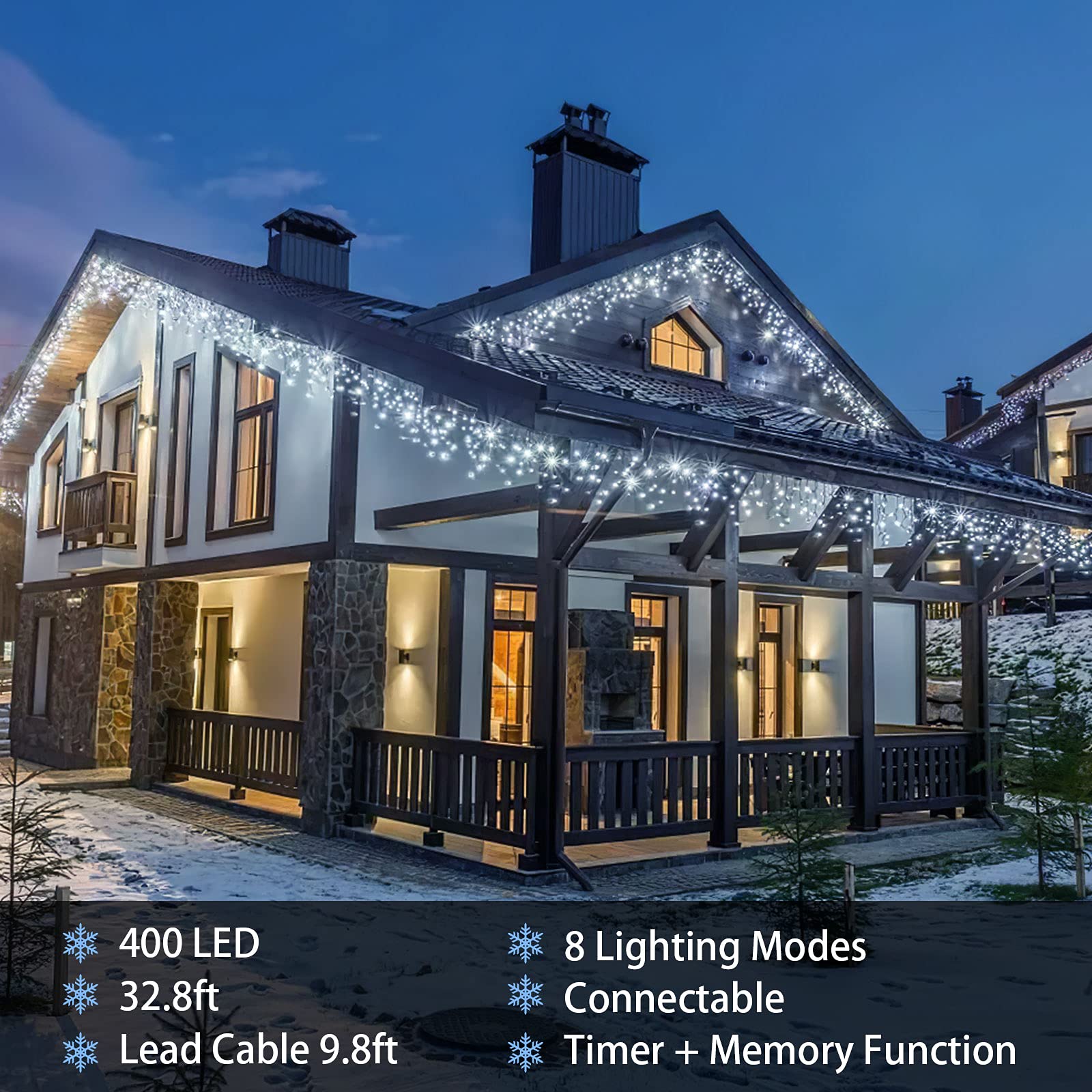 400 LED Icicle String Lights - 32.8ft Waterproof Outdoor Christmas Lights with 8 Modes & Memory Function | Cool White Fairy Lights for Home Decor, Party, Wedding, Christmas Tree & Garden Lighting