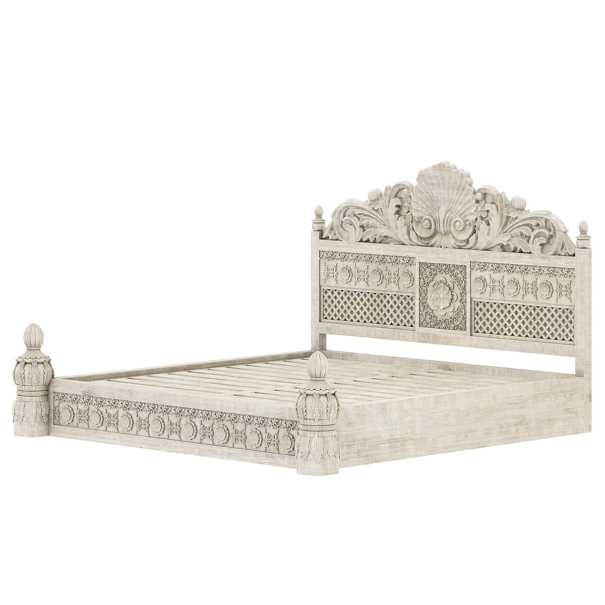 Hand Carved Ella Floral Motif White Distressed Double Bed - Vintage Style Wooden Bed Frame for Master Bedroom, Guest Room & Farmhouse Decor