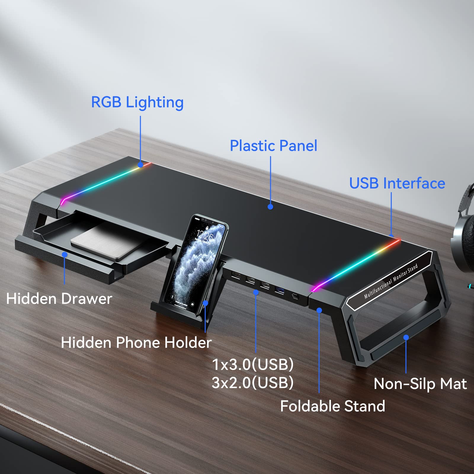 KYOLLY RGB Gaming Monitor Stand with Storage Drawer & Phone Holder - USB 3.0/2.0 Hub, Adjustable Height - Perfect for PC Gaming Setup & Home Office Workspace