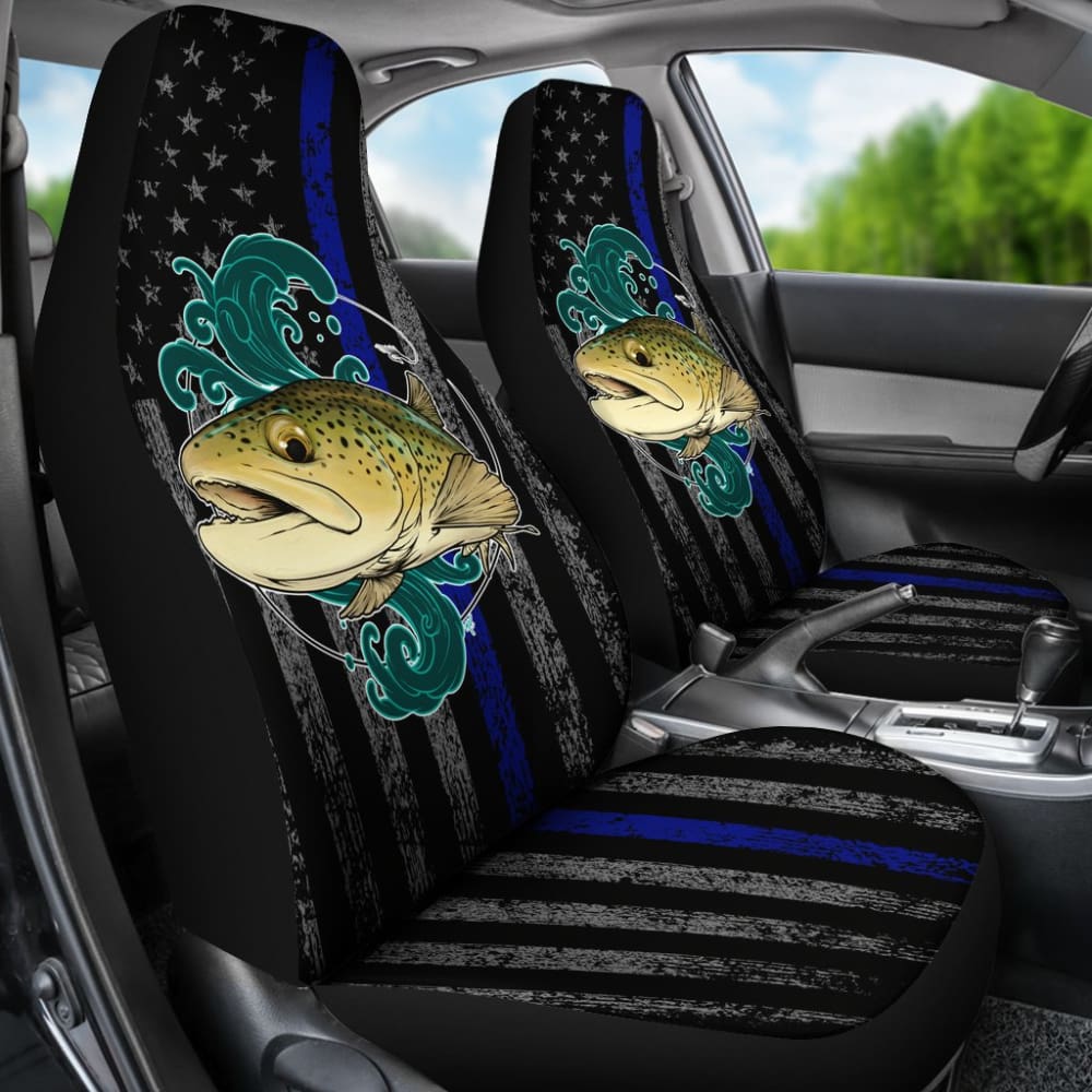 Premium Brook Trout Fishing & Thin Blue Line American Flag Car Seat Covers - Durable, Custom Fit for Trucks & SUVs - Perfect for Outdoor Enthusiasts & First Responders