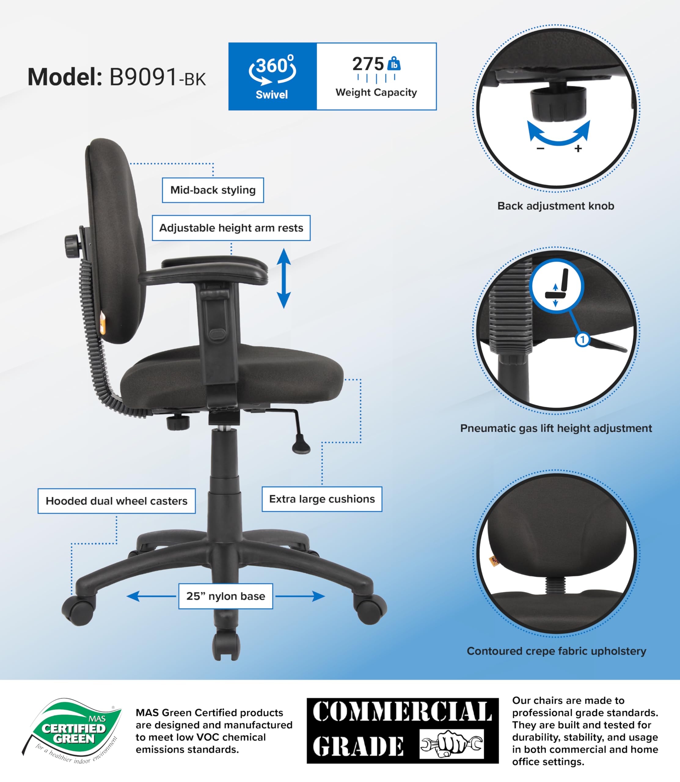 Premium Black Diamond Task Chair with Adjustable Arms - Ergonomic Office Chair for Home & Business Workspaces - Comfortable Computer Desk Chair for Long Hours of Work or Gaming
