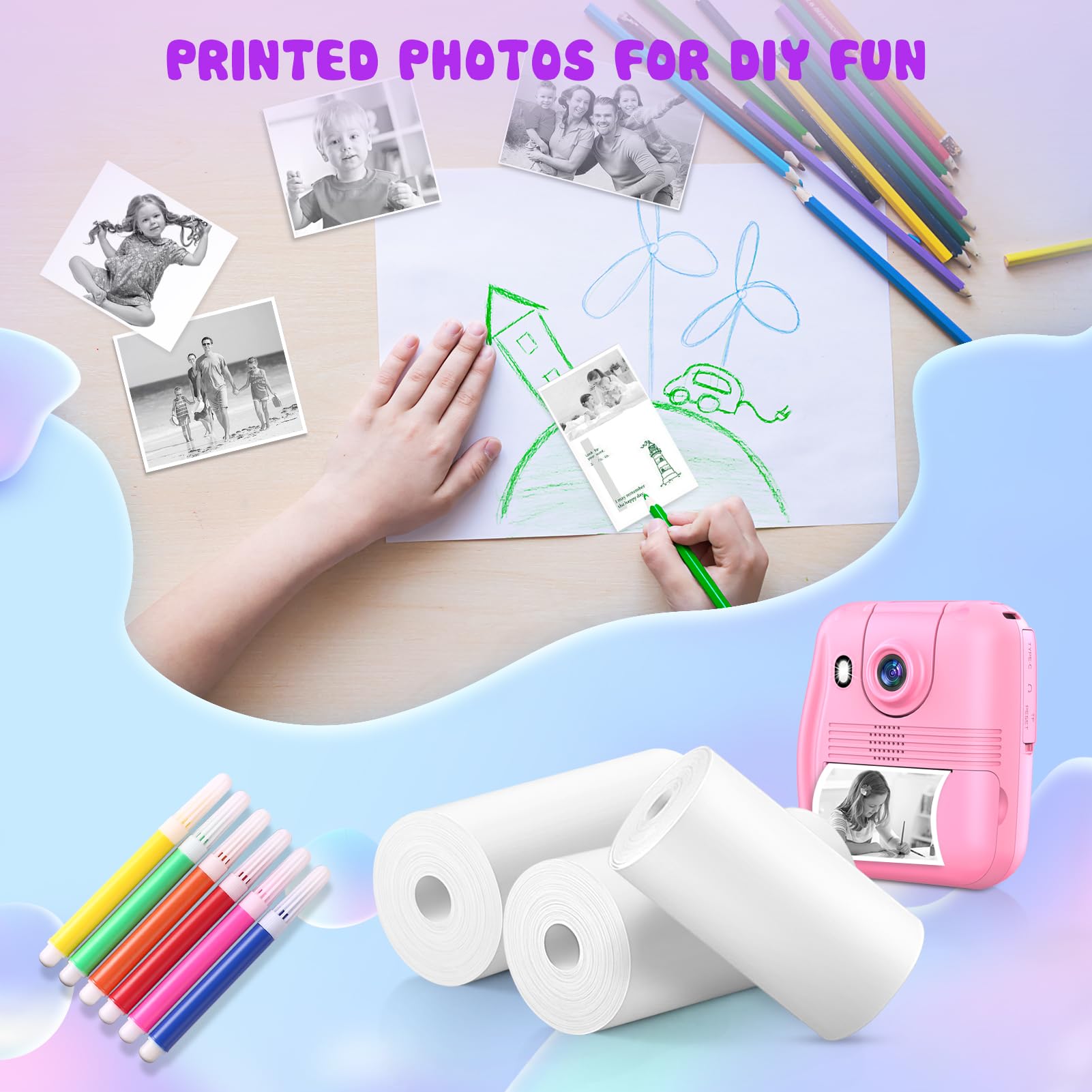 Kids Instant Print Camera with 6 Rolls of Print Paper - Fun & Easy-to-Use Toy Camera for Children's Birthday Parties, Travel & Creative Play
