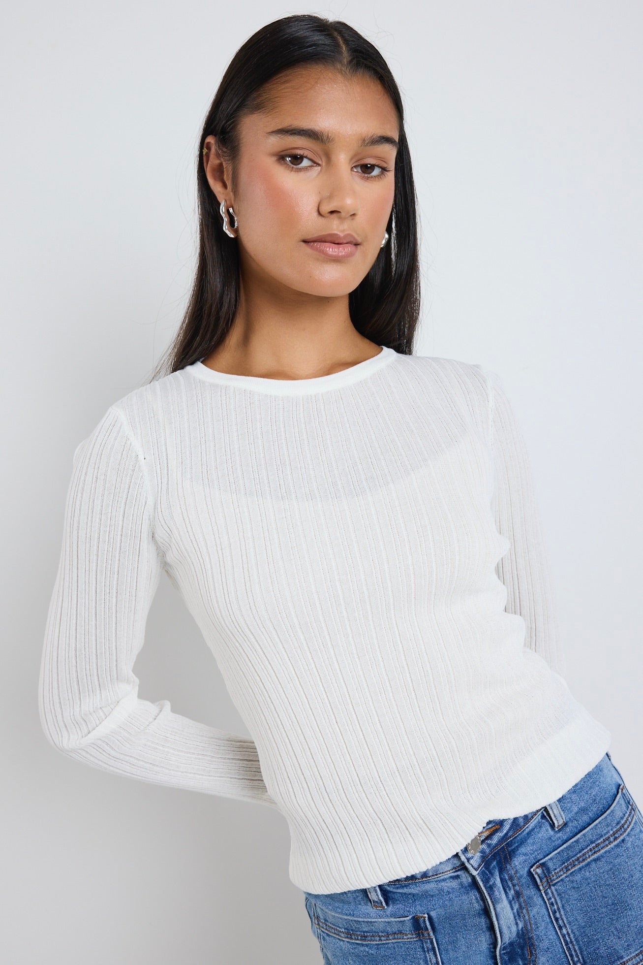 Fragment Ivory Sheer Long Sleeve Knit Top for Women - Elegant Lace Detail Blouse for Casual Wear, Office, and Date Nights