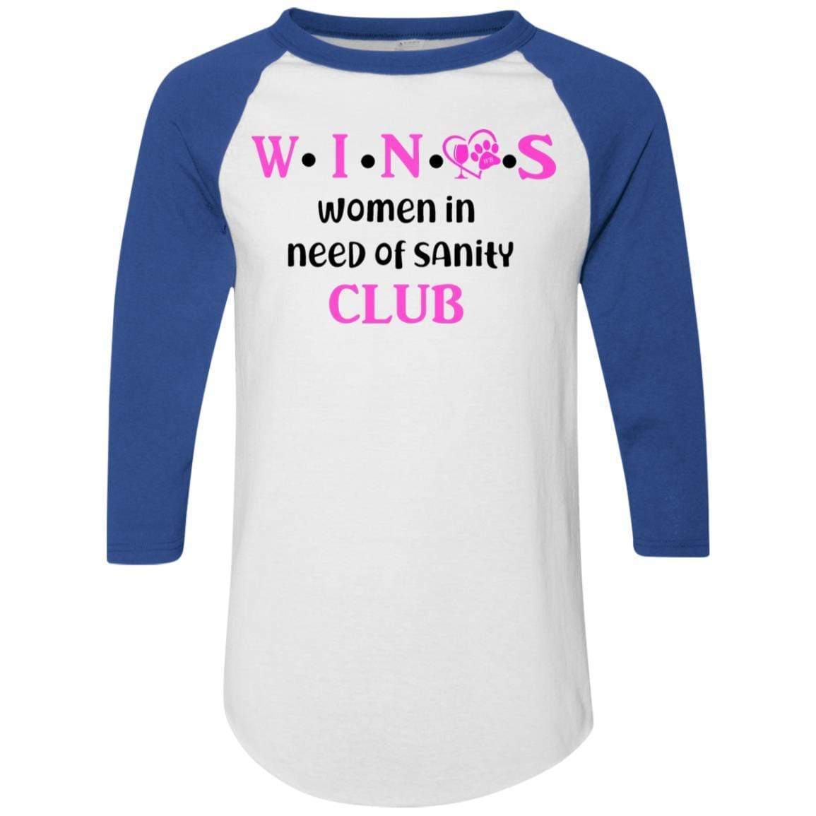 WineyBitches.Co WINOS Club Colorblock Raglan Jersey - Pink Lettering Women's Baseball Tee | Soft Cotton Blend Long Sleeve Shirt for Wine Lovers | Perfect for Wine Tasting Parties & Girls Night Out