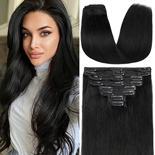 S-noilite 100% Remy Human Hair Clip-in Extensions - 8 Piece Double Weft Set (24 Inch, Jet Black #1) for Thick Voluminous Hair - 18 Clips for Secure Fit - Straight & Silky Natural Look | Perfect for Daily Wear, Parties & Special Occasions