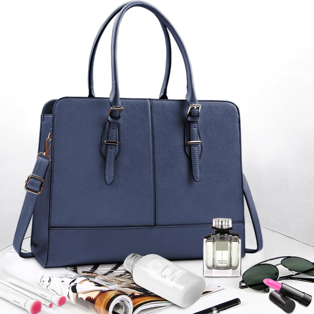 Premium Leather Laptop Tote Bag for Women - 15.6 Inch Waterproof Business Work Bag with Large Capacity - Professional Office Shoulder Handbag in Blue - Perfect for Commuting, Business Travel & Work Meetings