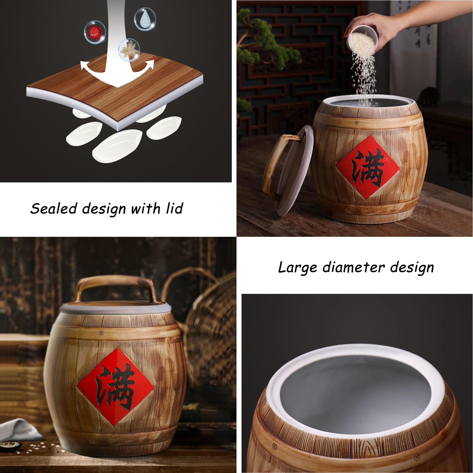Premium Ceramic Rice Dispenser - Large Capacity Sealed Rice Storage Container for Kitchen, Pantry | Airtight Food Storage Jar for Rice, Cereal, Flour, Sugar & Coffee | Elegant Asian-Inspired Decorative Ceramic Jar for Modern Homes