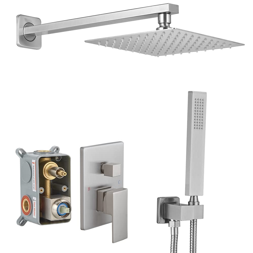 Luxury Brushed Nickel Shower System - Wall Mounted Rainfall Shower Head Combo Set with Brass Faucet & Rough-in Valve (Ideal for Modern Bathroom Renovation & Spa-Like Shower Experience)